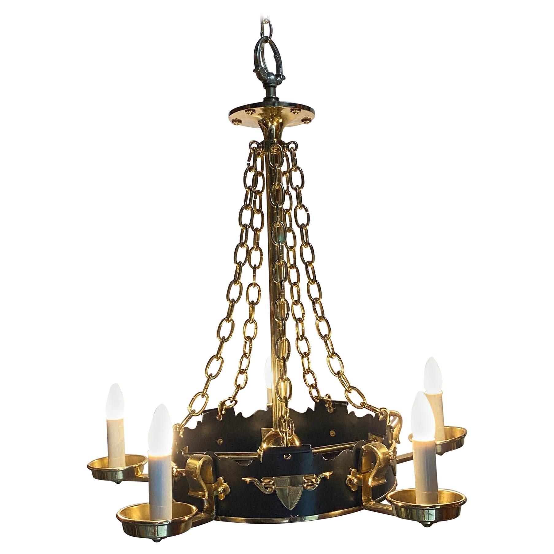 Romantic Brass and Ebonized Black Chandelier