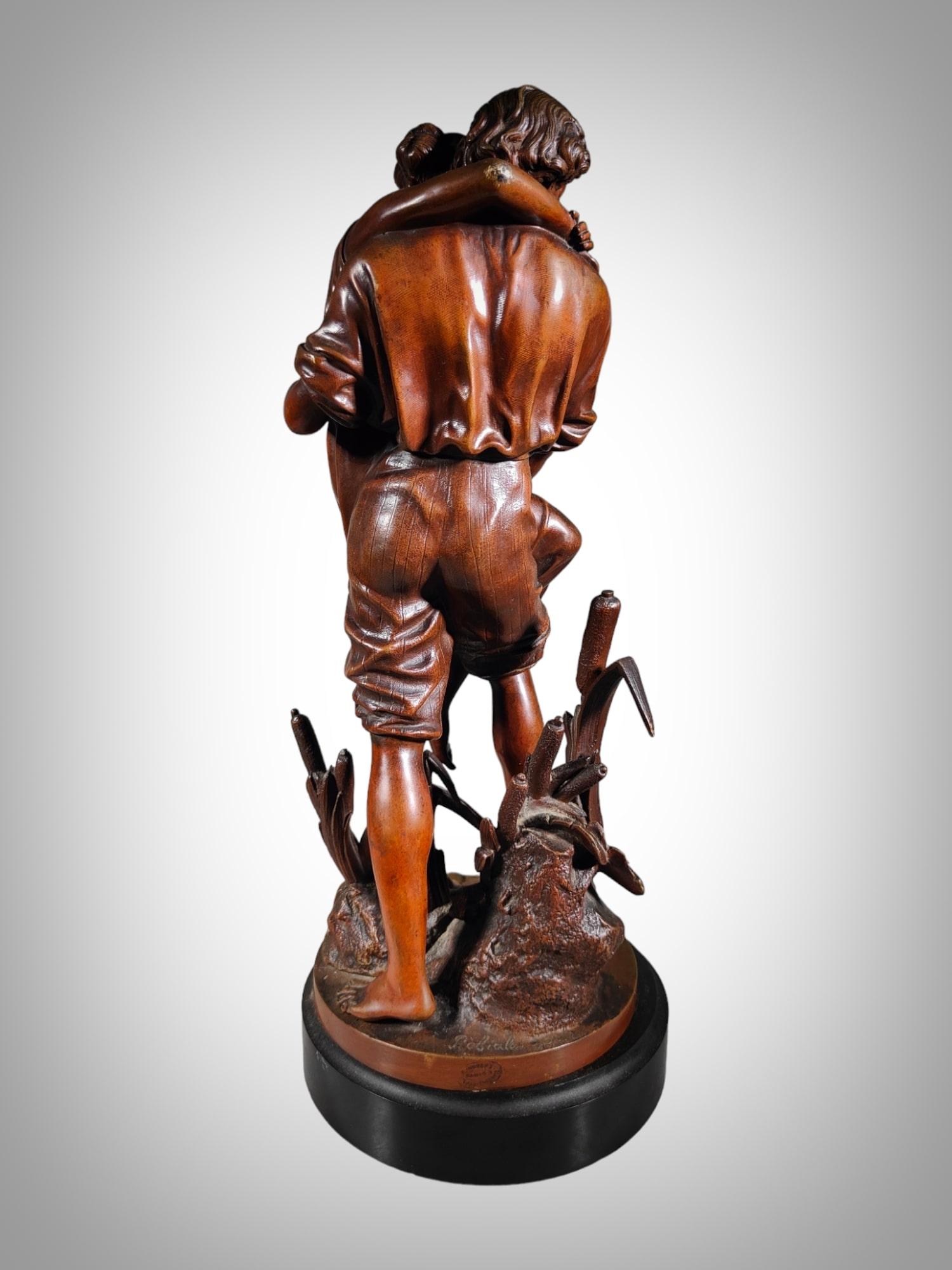 Romantic Bronze Sculpture With Brown Patina Representing Paul And Virginie 19th  For Sale 6