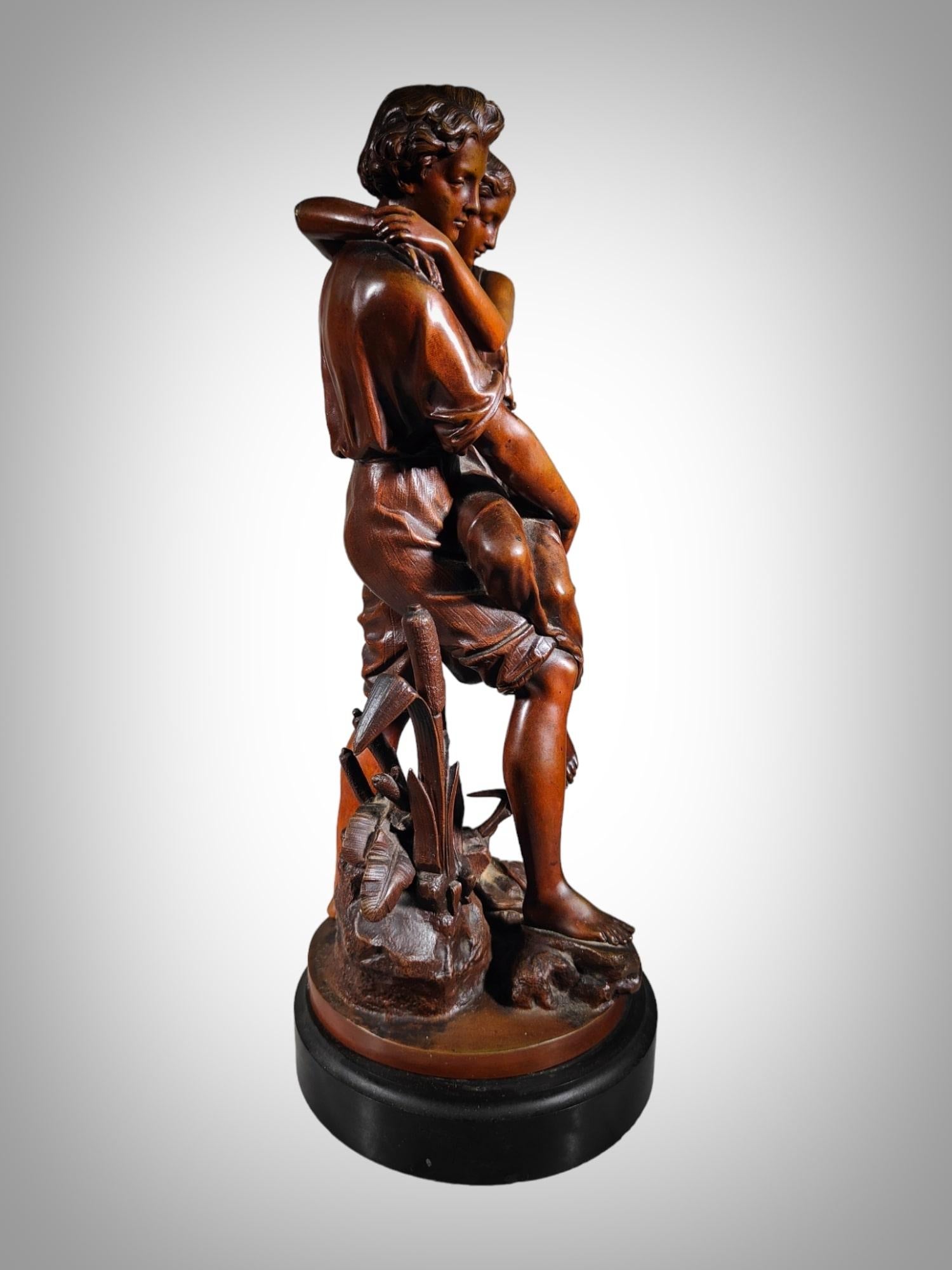 Romantic Bronze Sculpture With Brown Patina Representing Paul And Virginie 19th  For Sale 8