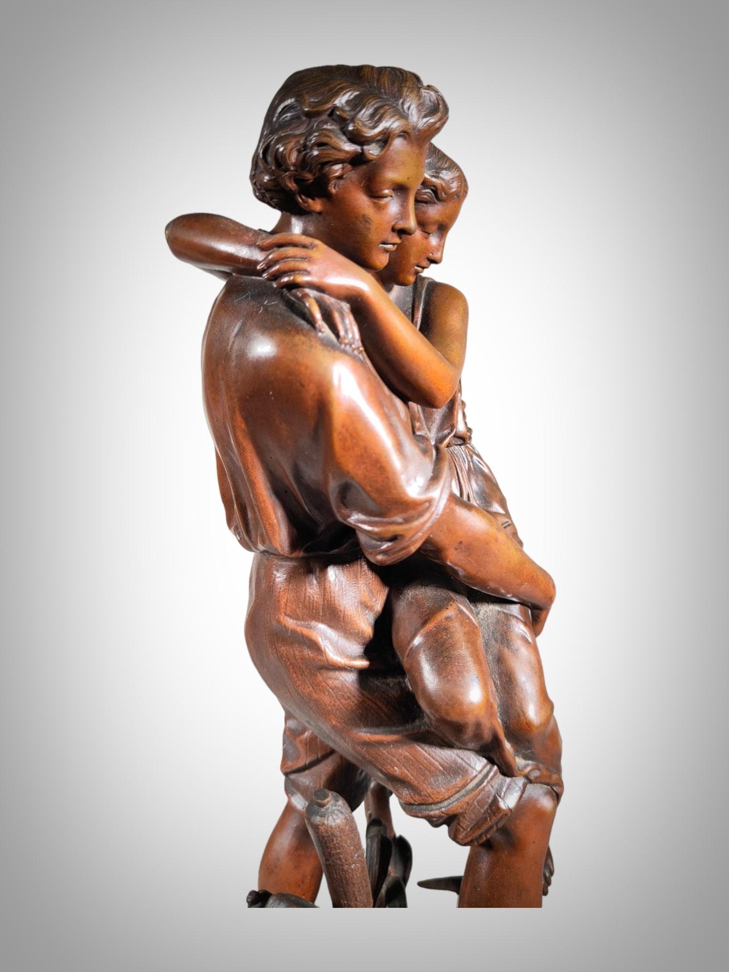 Romantic Bronze Sculpture With Brown Patina Representing Paul And Virginie 19th  For Sale 9