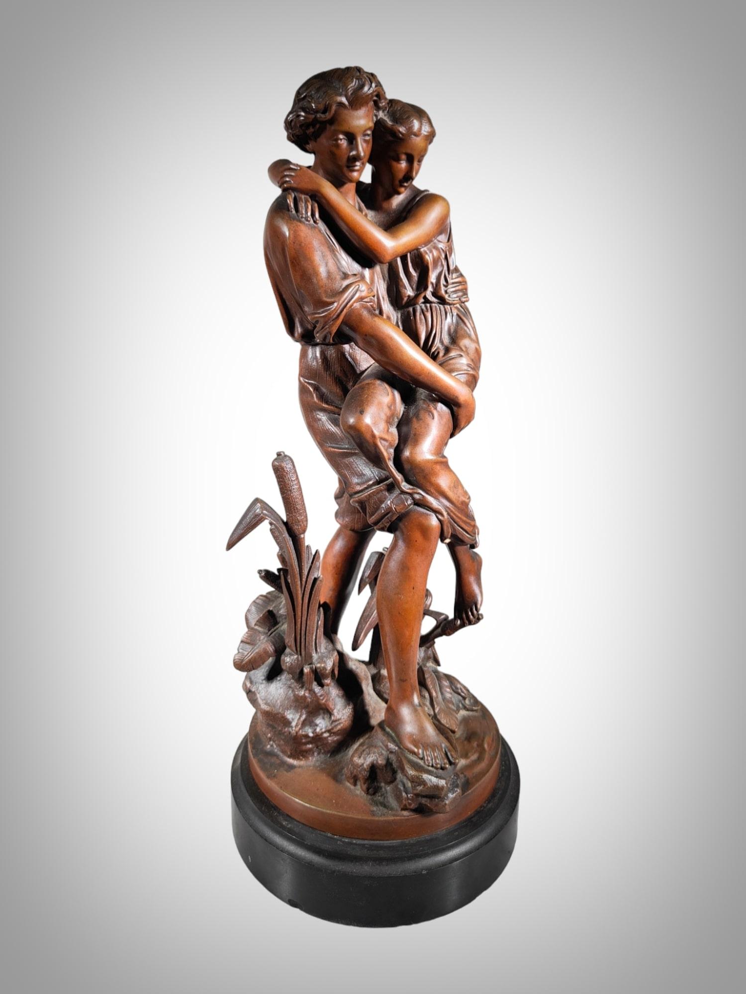 Romantic Bronze Sculpture With Brown Patina Representing Paul And Virginie 19th  For Sale 10