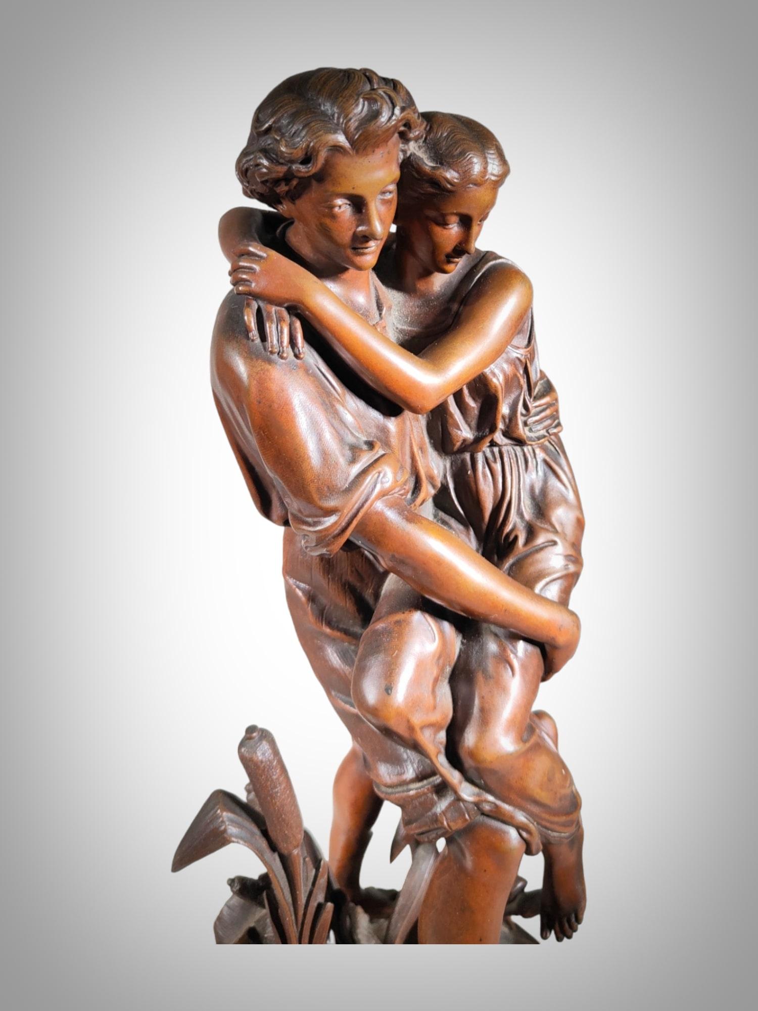Romantic Bronze Sculpture With Brown Patina Representing Paul And Virginie 19th  For Sale 11