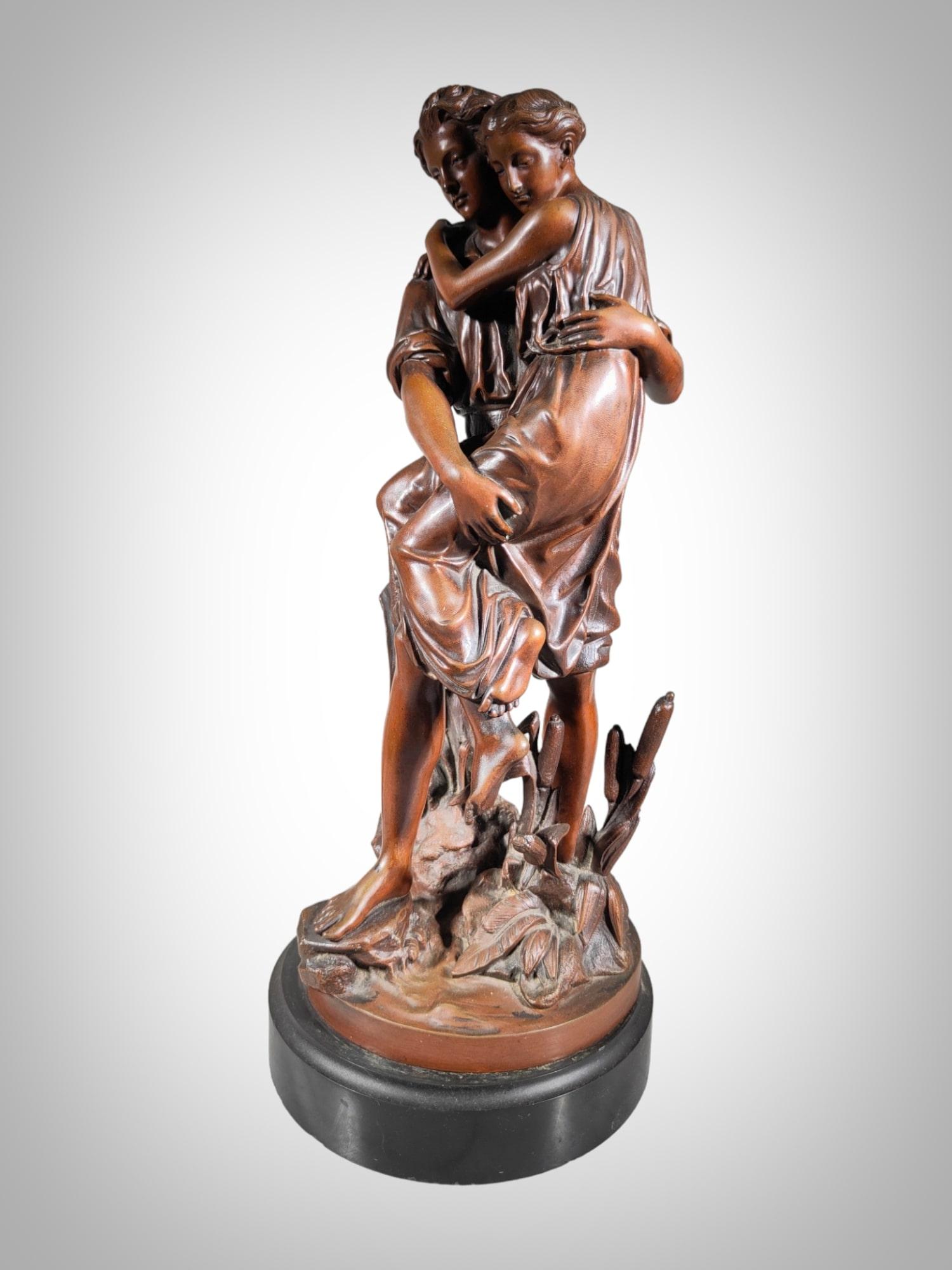Romantic Bronze Sculpture With Brown Patina Representing Paul And Virginie 19th  For Sale 2