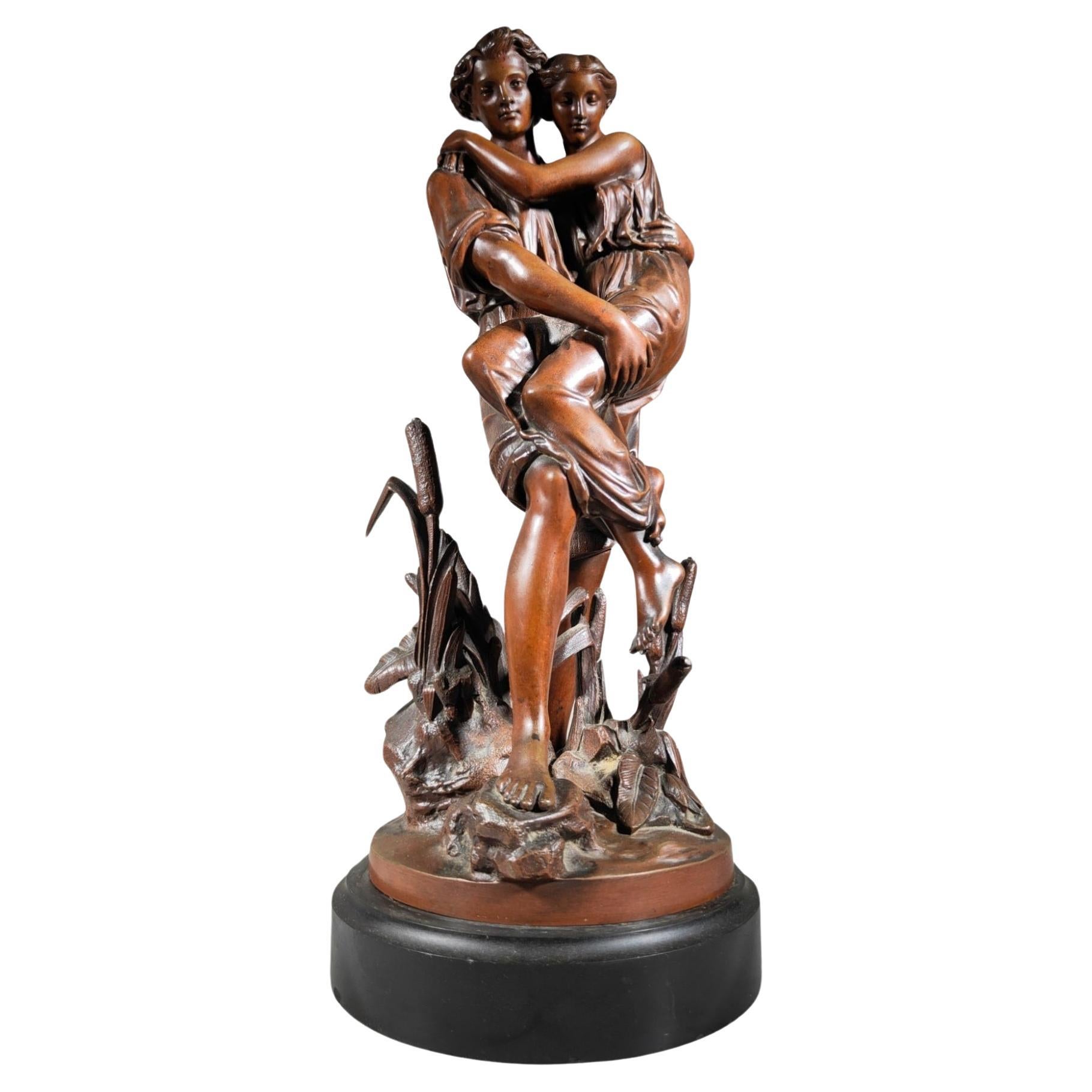 Romantic Bronze Sculpture With Brown Patina Representing Paul And Virginie 19th  For Sale