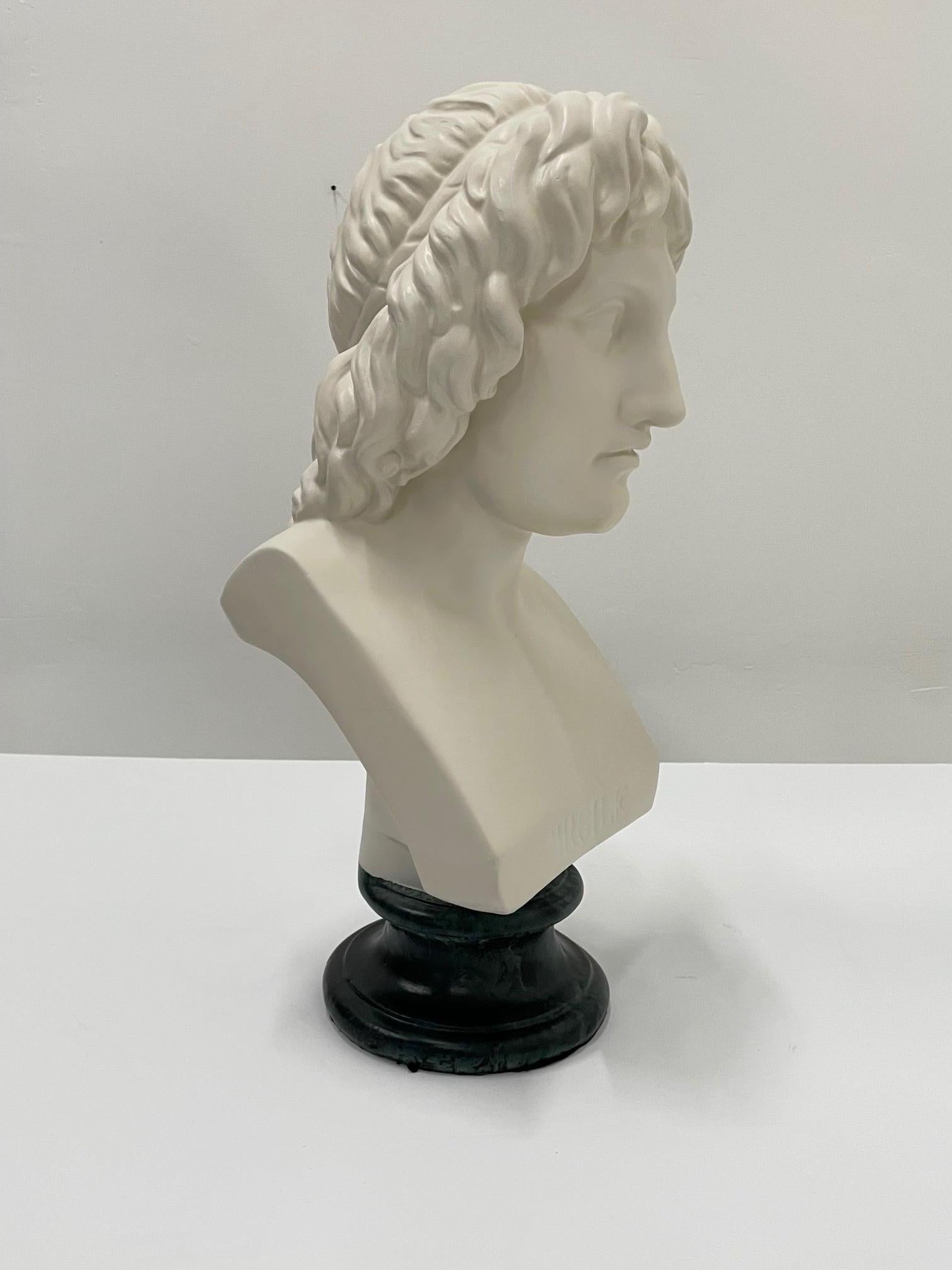 Sensual cast plaster bust of the Roman poet Virgil stamped Florentine Plaster Co. / Makers Philadelphia.
Marvelous detail and contrasting marbleized base.