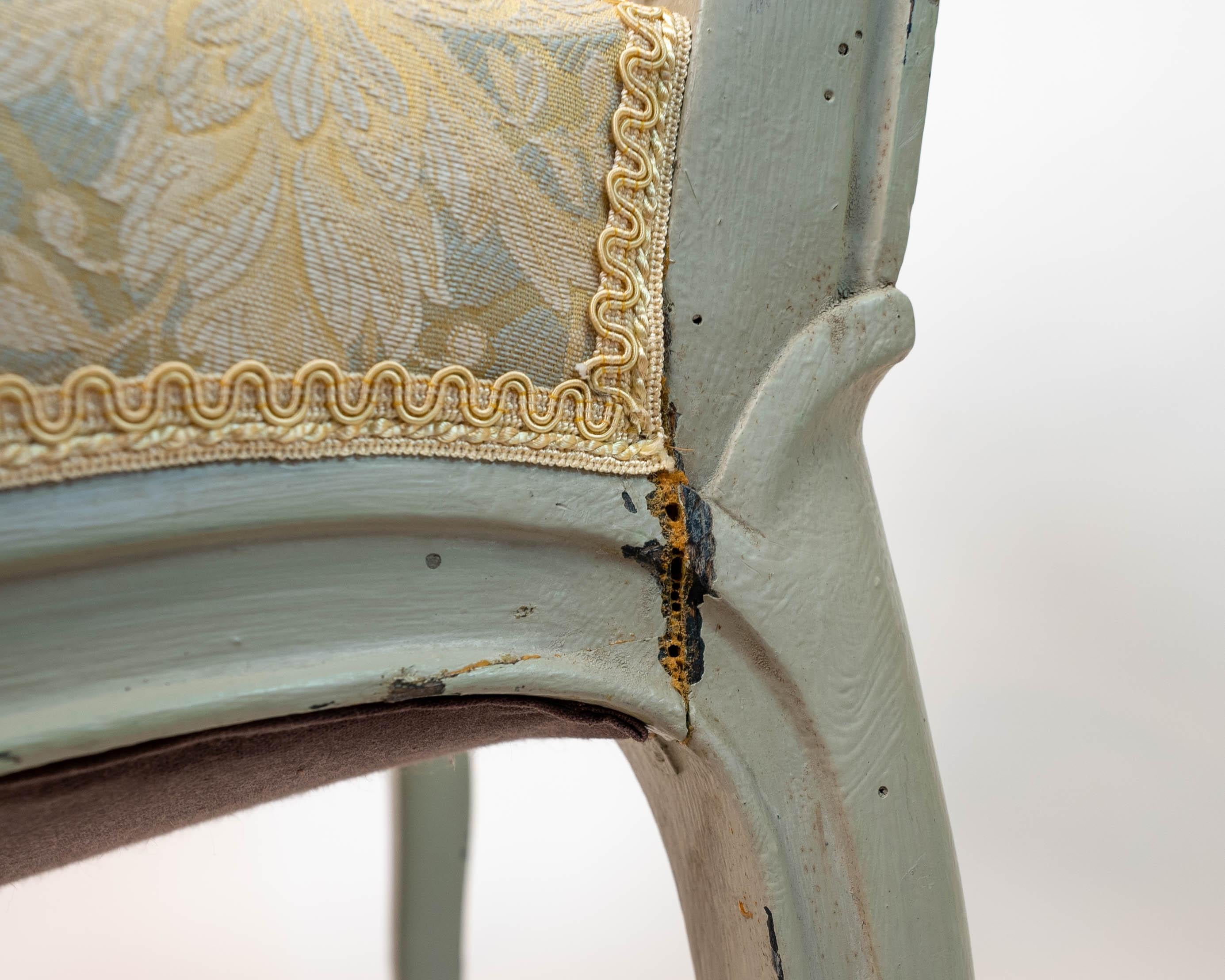 Romantic Celadon Painted Pair of Carved Wood French Louis XV Style Side Chairs For Sale 9