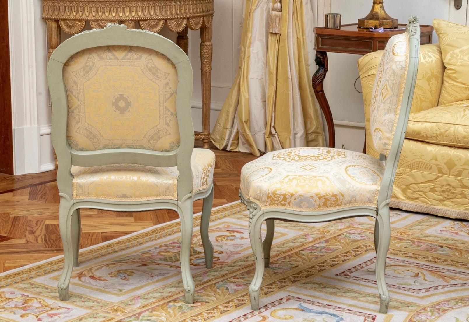 Romantic Celadon Painted Pair of Carved Wood French Louis XV Style Side Chairs For Sale 11