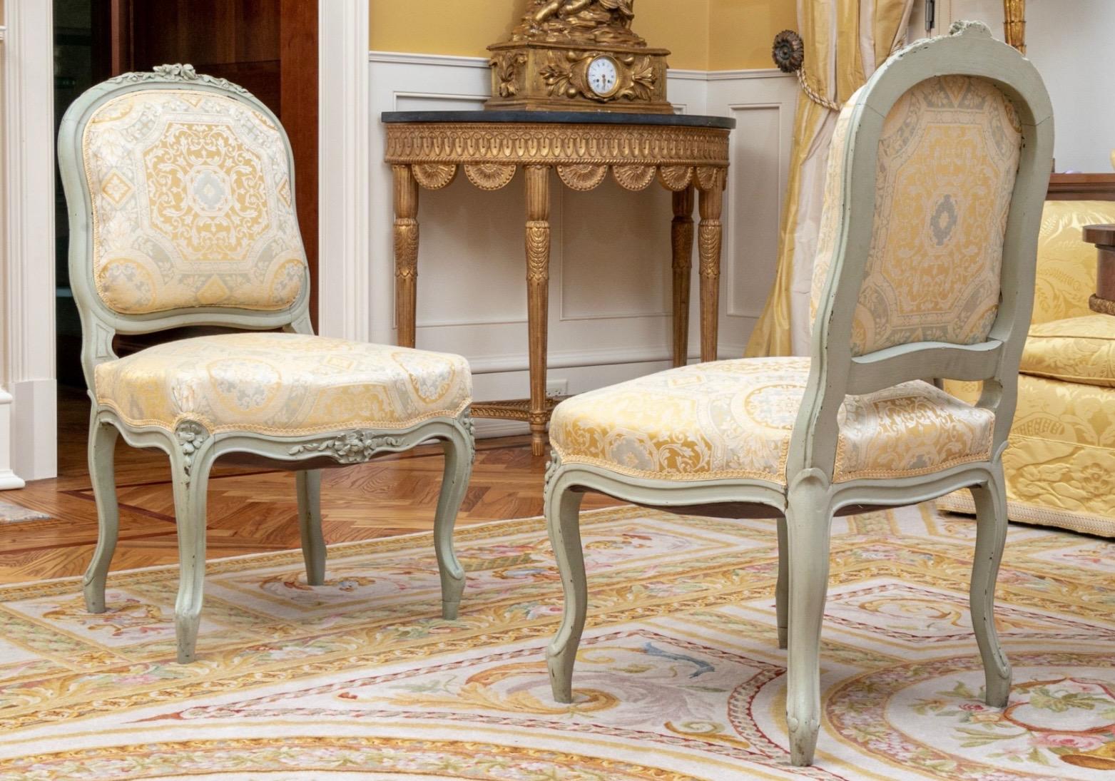 Romantic Celadon Painted Pair of Carved Wood French Louis XV Style Side Chairs For Sale 13