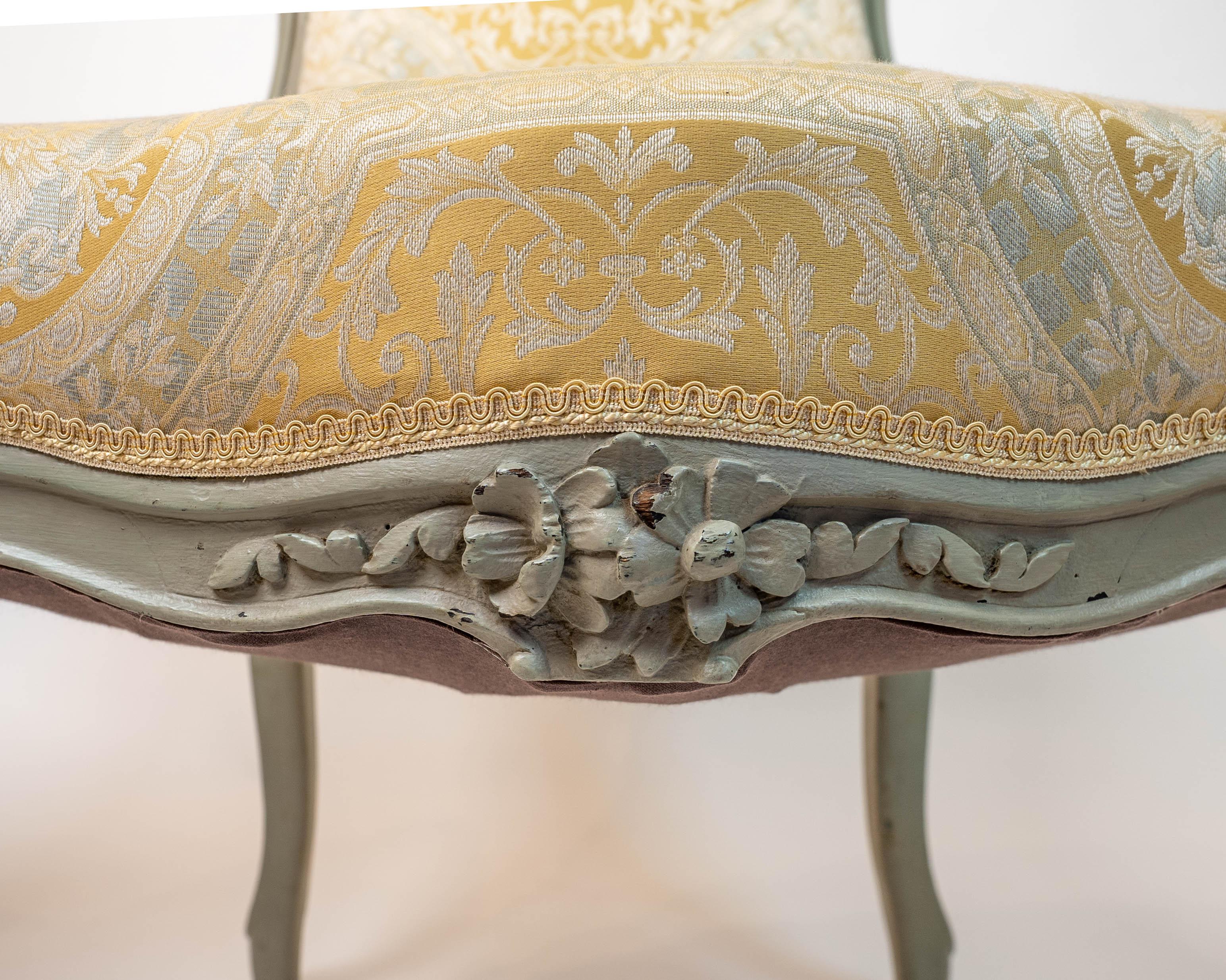 Romantic Celadon Painted Pair of Carved Wood French Louis XV Style Side Chairs For Sale 1