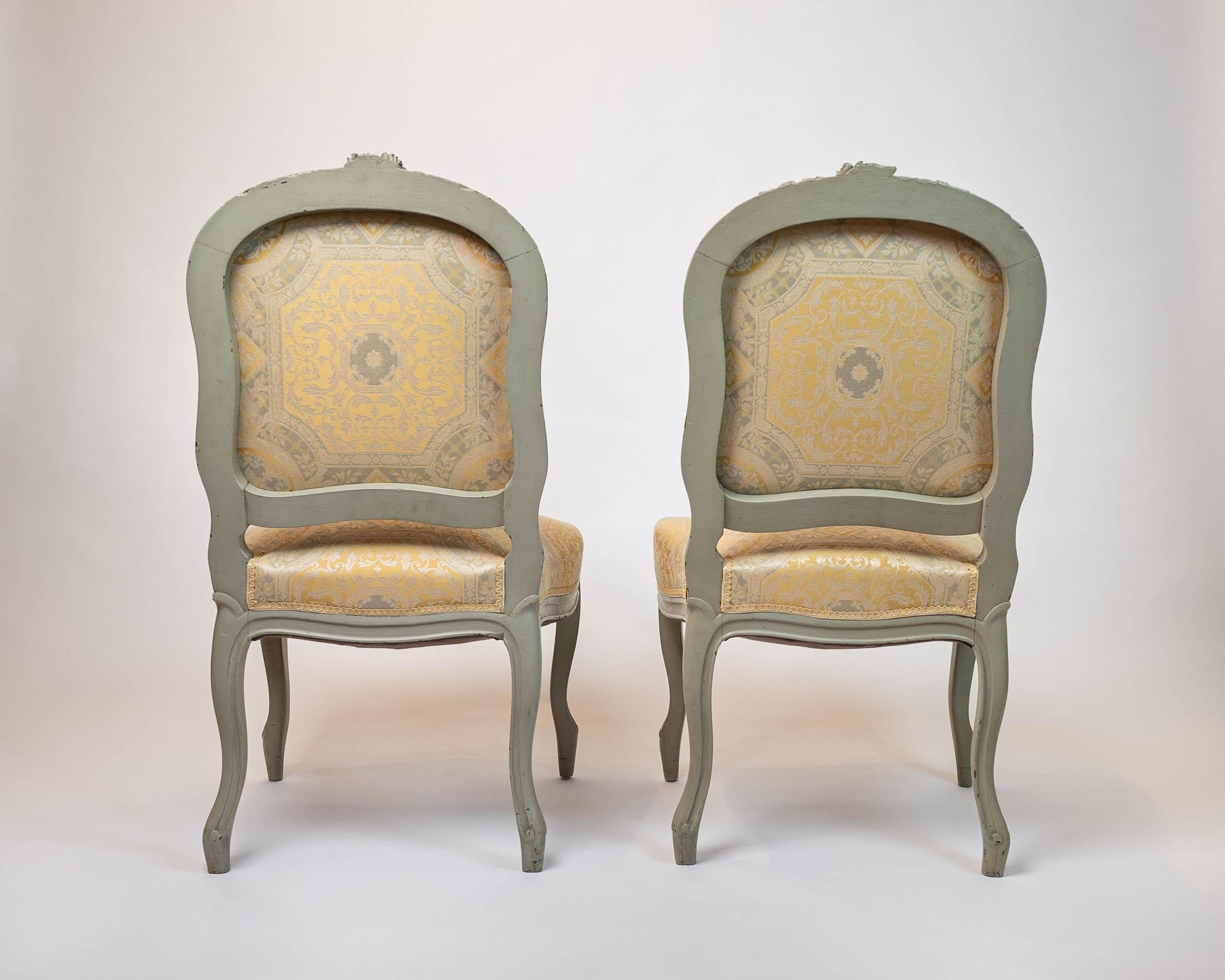 Romantic Celadon Painted Pair of Carved Wood French Louis XV Style Side Chairs For Sale 2