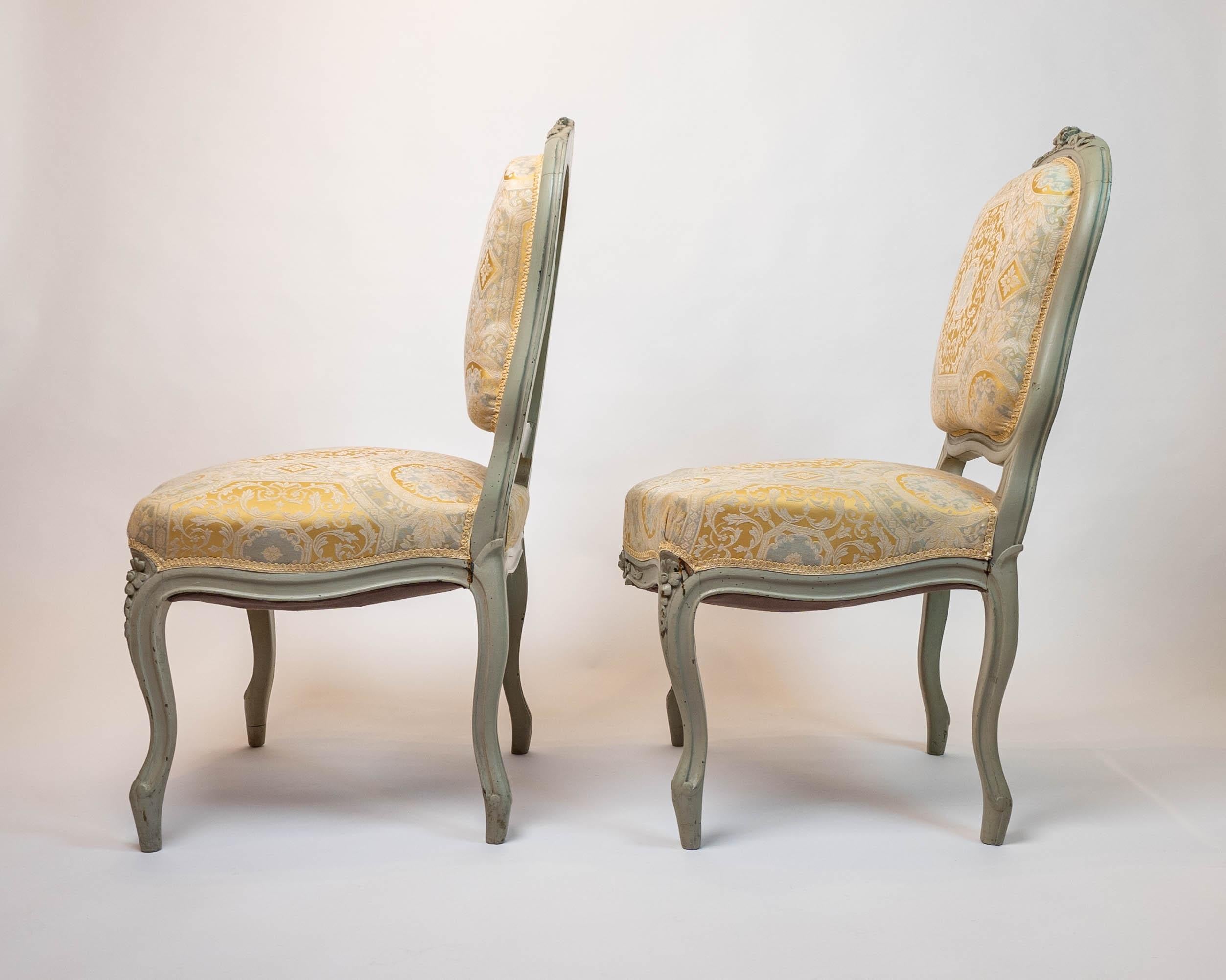 Romantic Celadon Painted Pair of Carved Wood French Louis XV Style Side Chairs For Sale 3