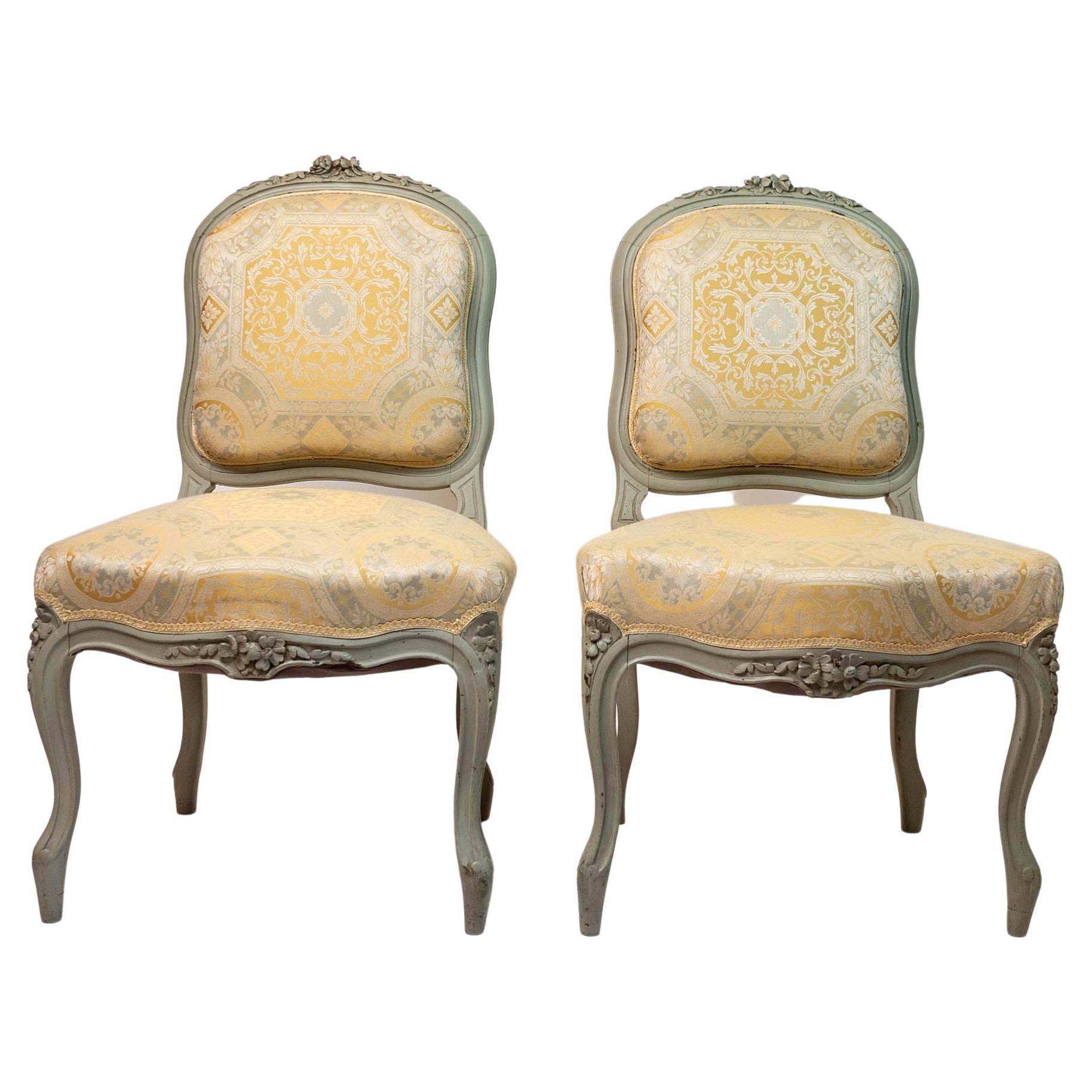 Romantic Celadon Painted Pair of Carved Wood French Louis XV Style Side Chairs For Sale