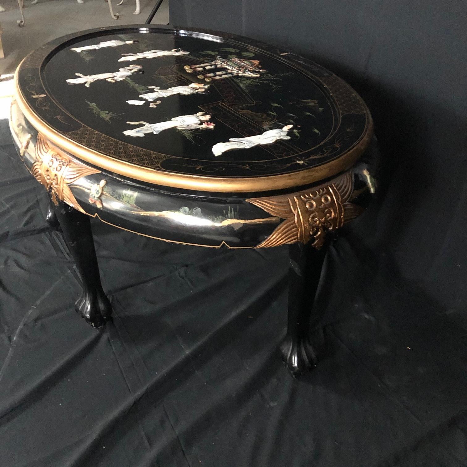 Romantic Chinese Black Ebony Lacquer Wood and Mother of Pearl Coffee Table 3