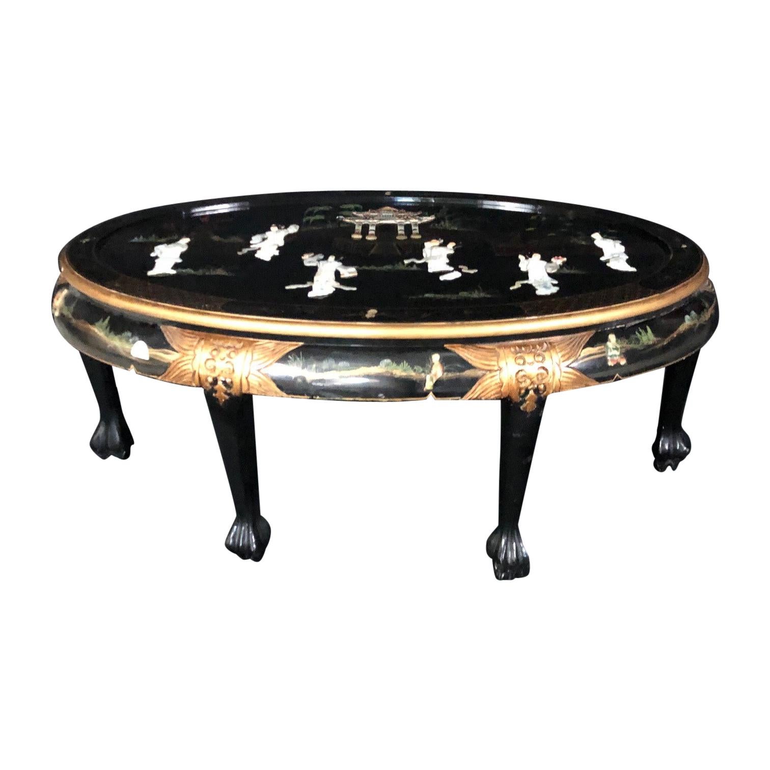 Romantic Chinese Black Ebony Lacquer Wood and Mother of Pearl Coffee Table