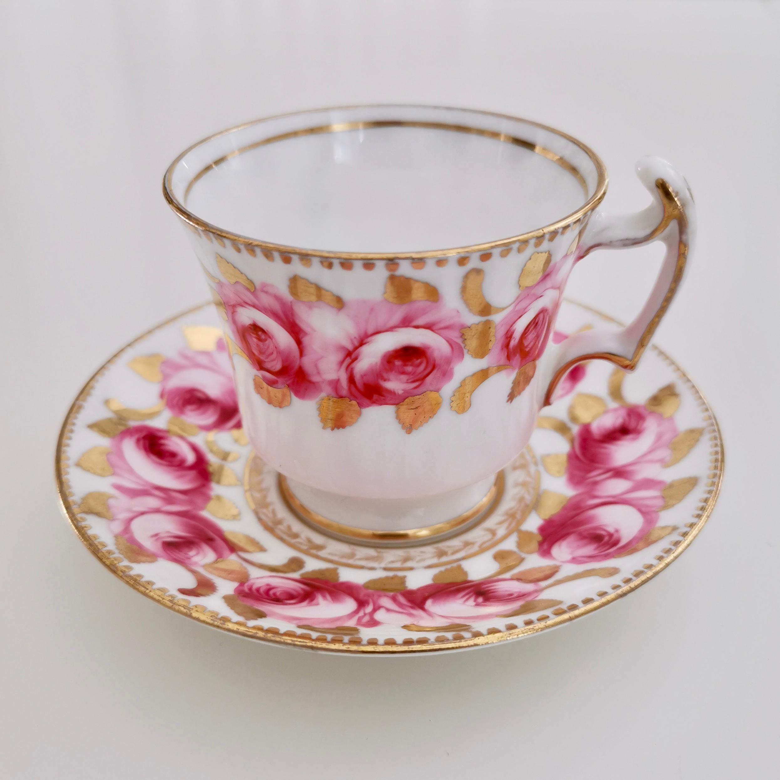 English Romantic Coffee Cup, Pink Billingsley Roses, Regency 1820-1825