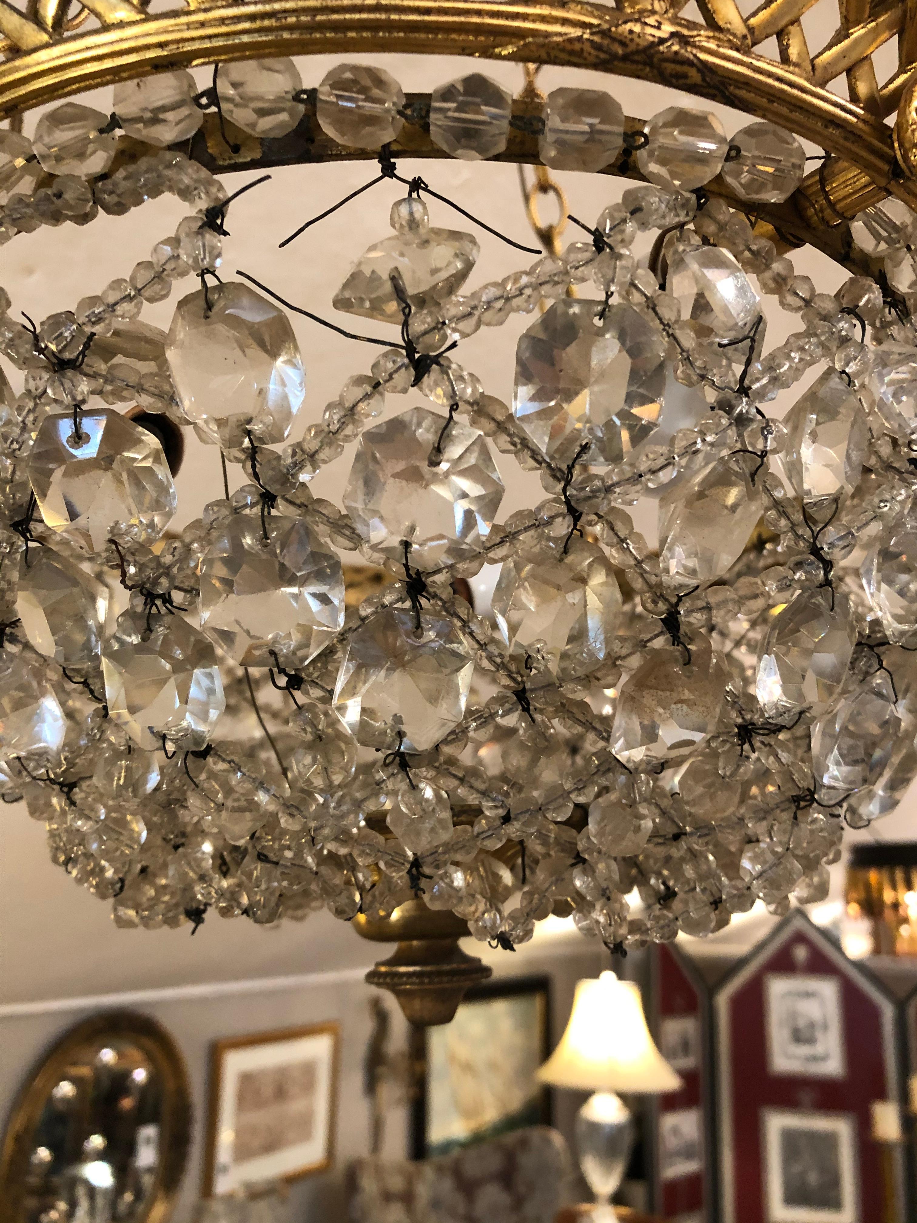 Mid-20th Century Romantic Crystal Encrusted Small Dome-Shaped Chandelier