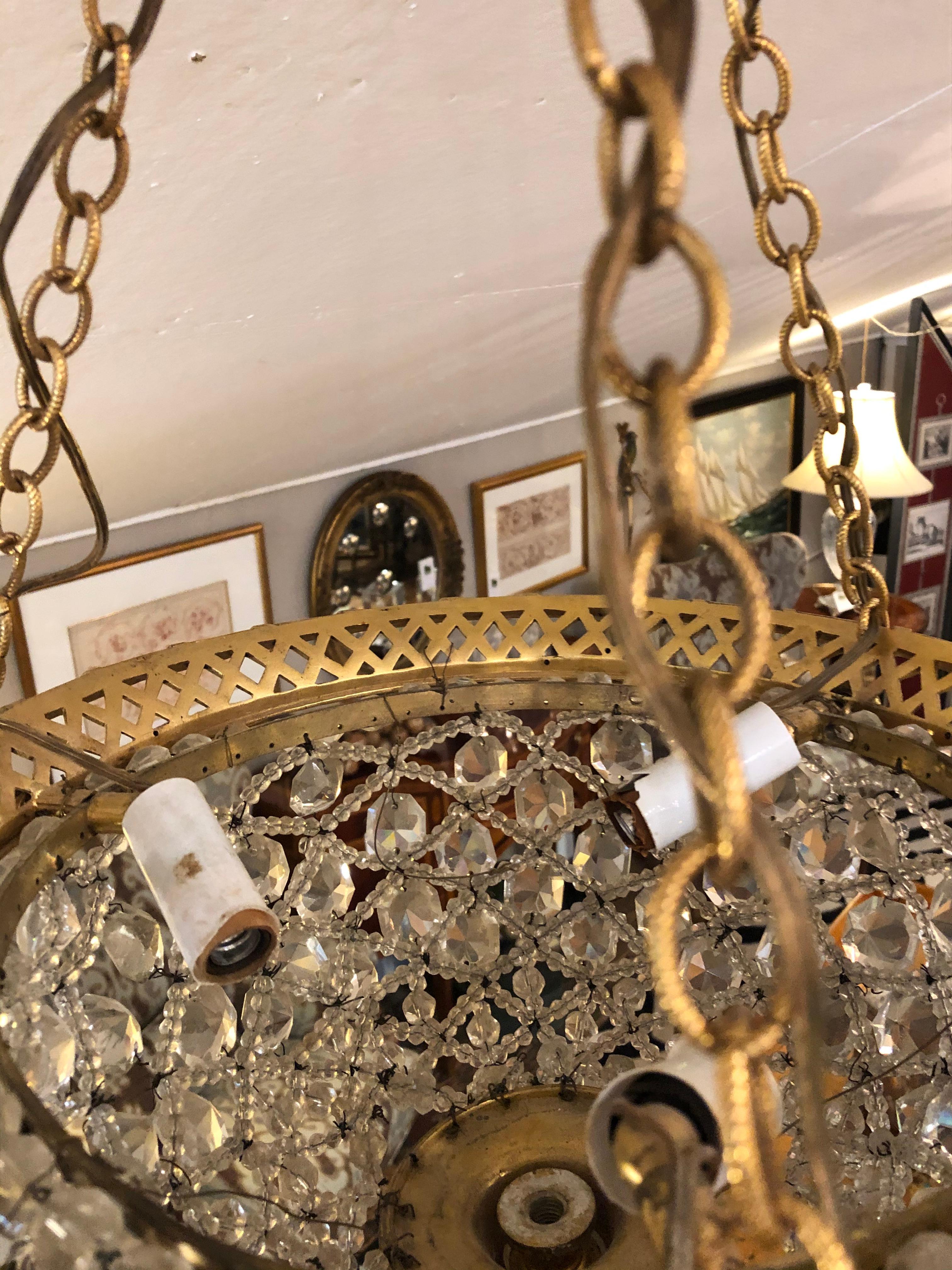 Brass Romantic Crystal Encrusted Small Dome-Shaped Chandelier