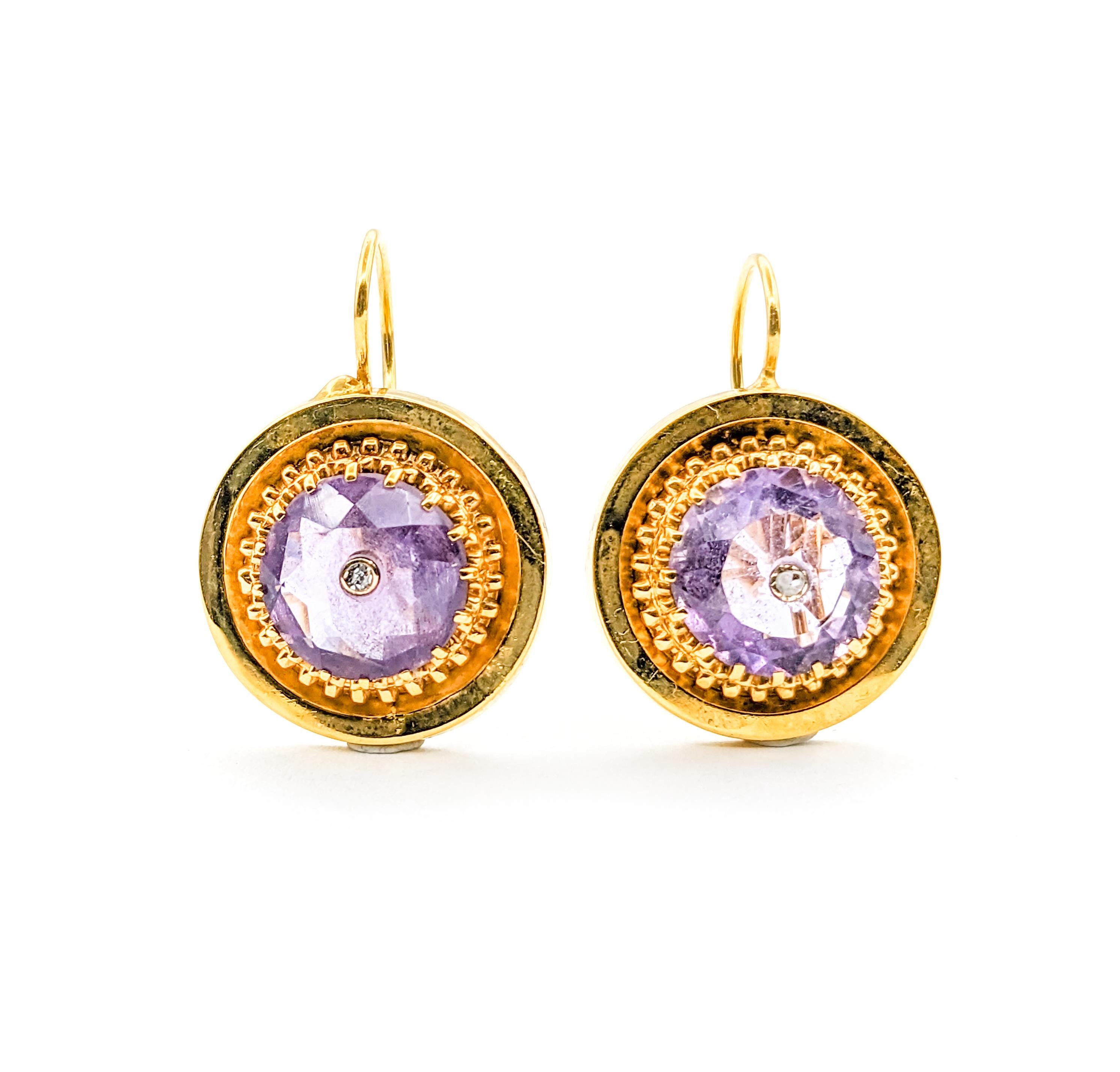 Romantic Diamond & Amethyst Drop Earrings in Yellow Gold For Sale 4