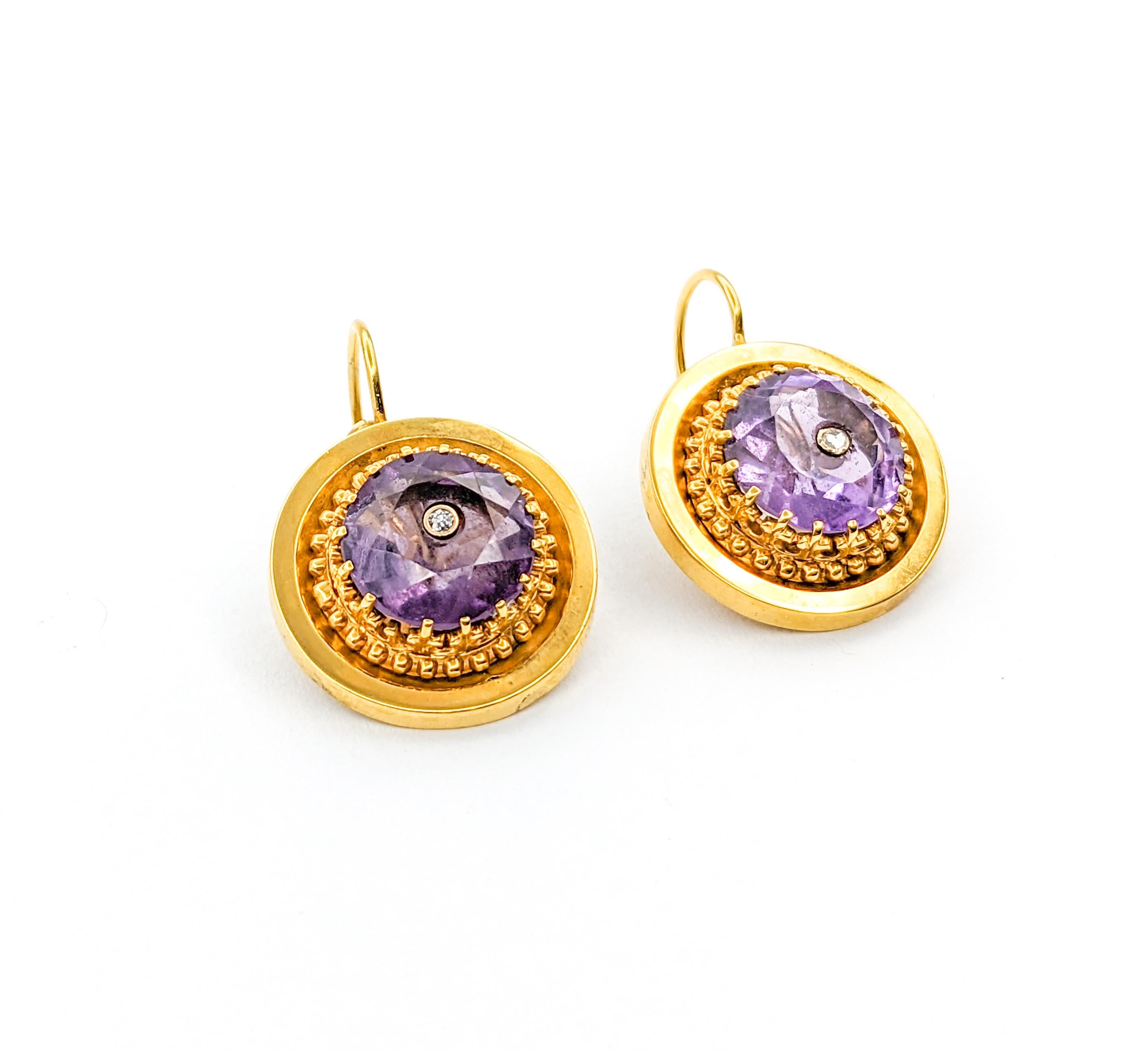 Victorian Romantic Diamond & Amethyst Drop Earrings in Yellow Gold For Sale
