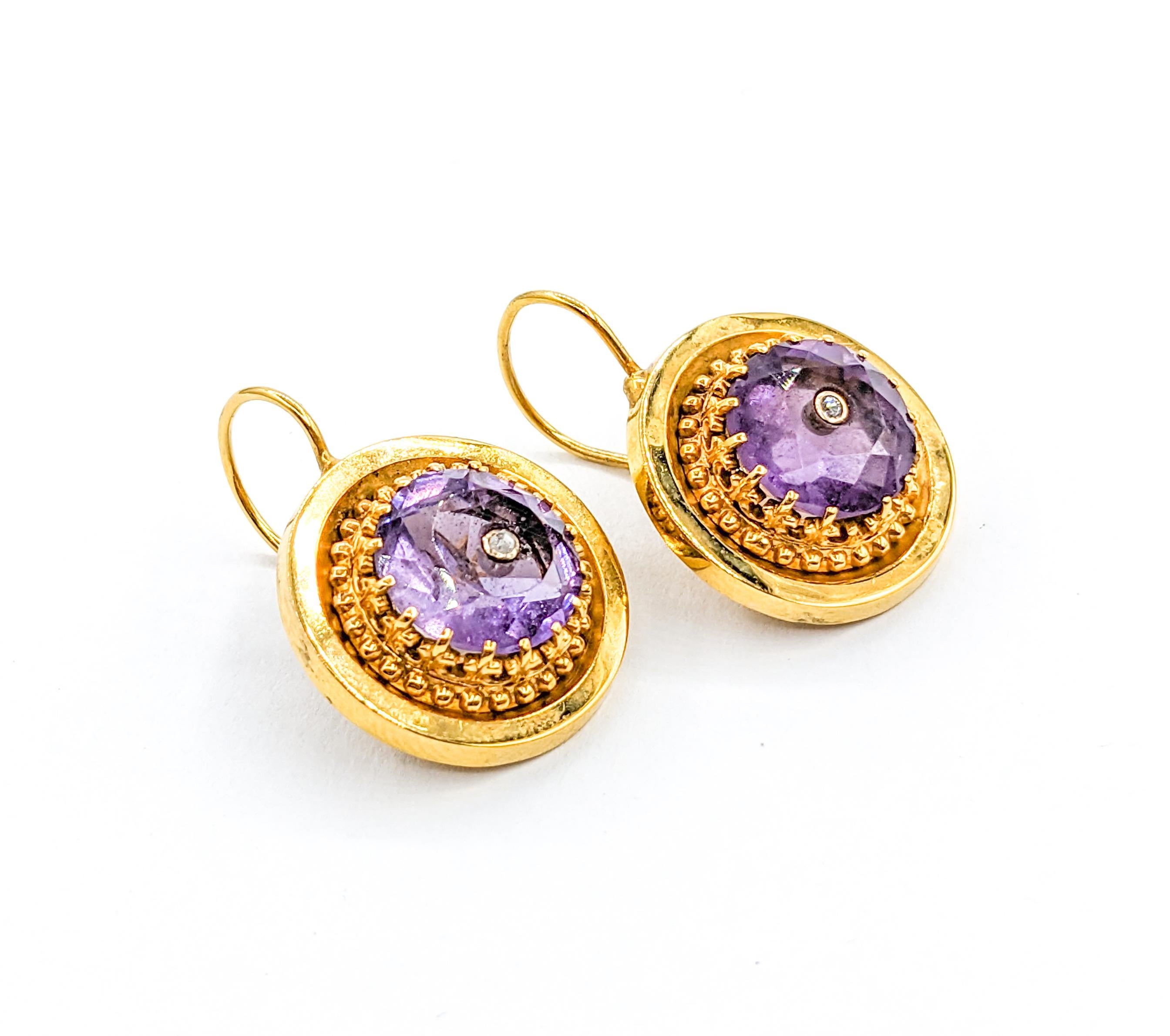 Round Cut Romantic Diamond & Amethyst Drop Earrings in Yellow Gold For Sale