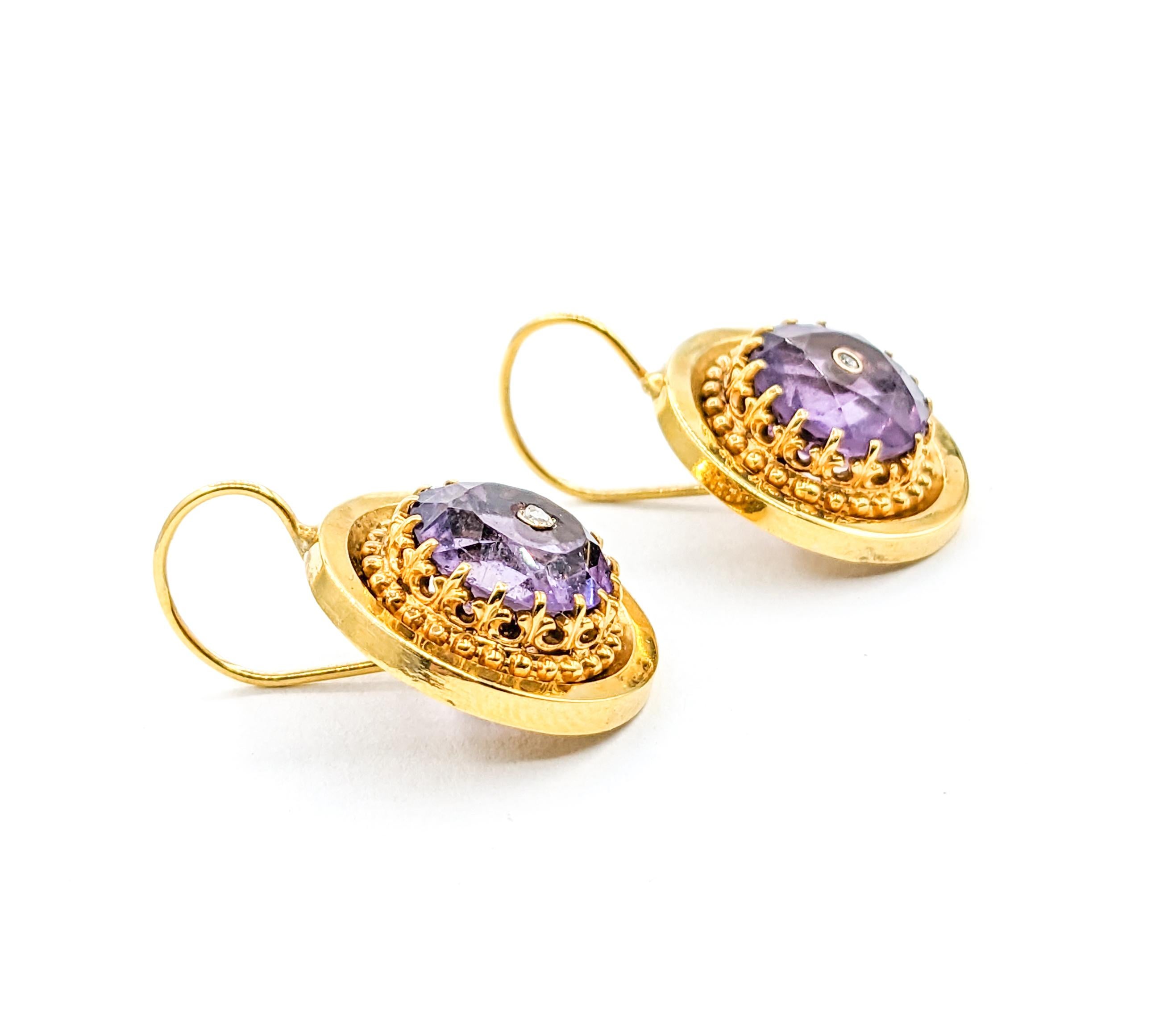 Romantic Diamond & Amethyst Drop Earrings in Yellow Gold In Excellent Condition For Sale In Bloomington, MN