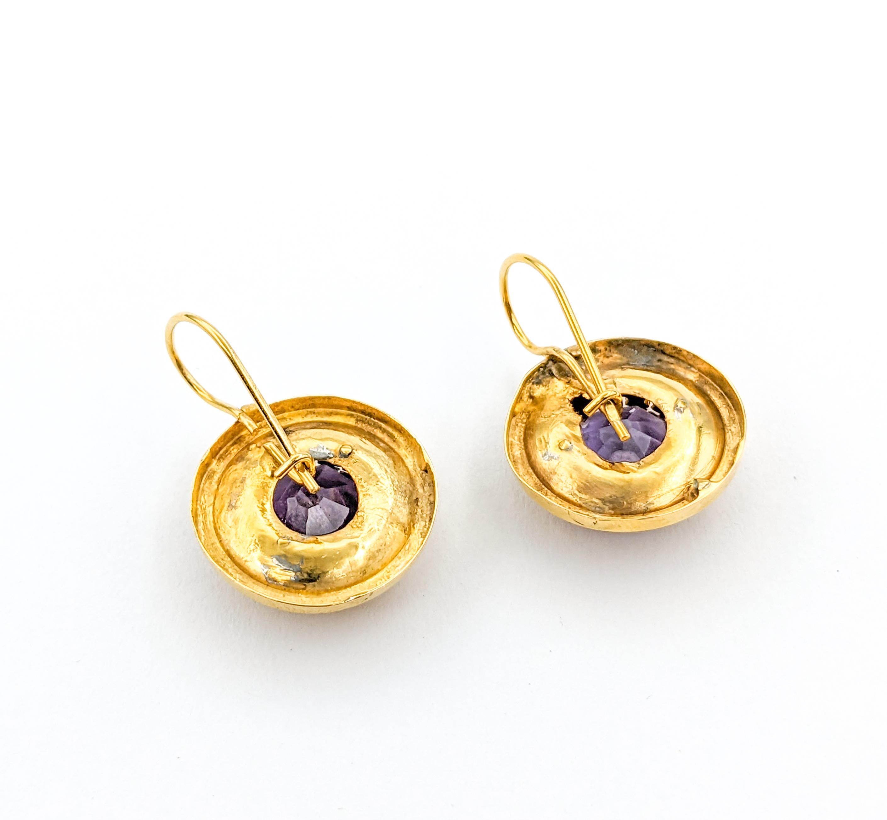 Romantic Diamond & Amethyst Drop Earrings in Yellow Gold For Sale 2
