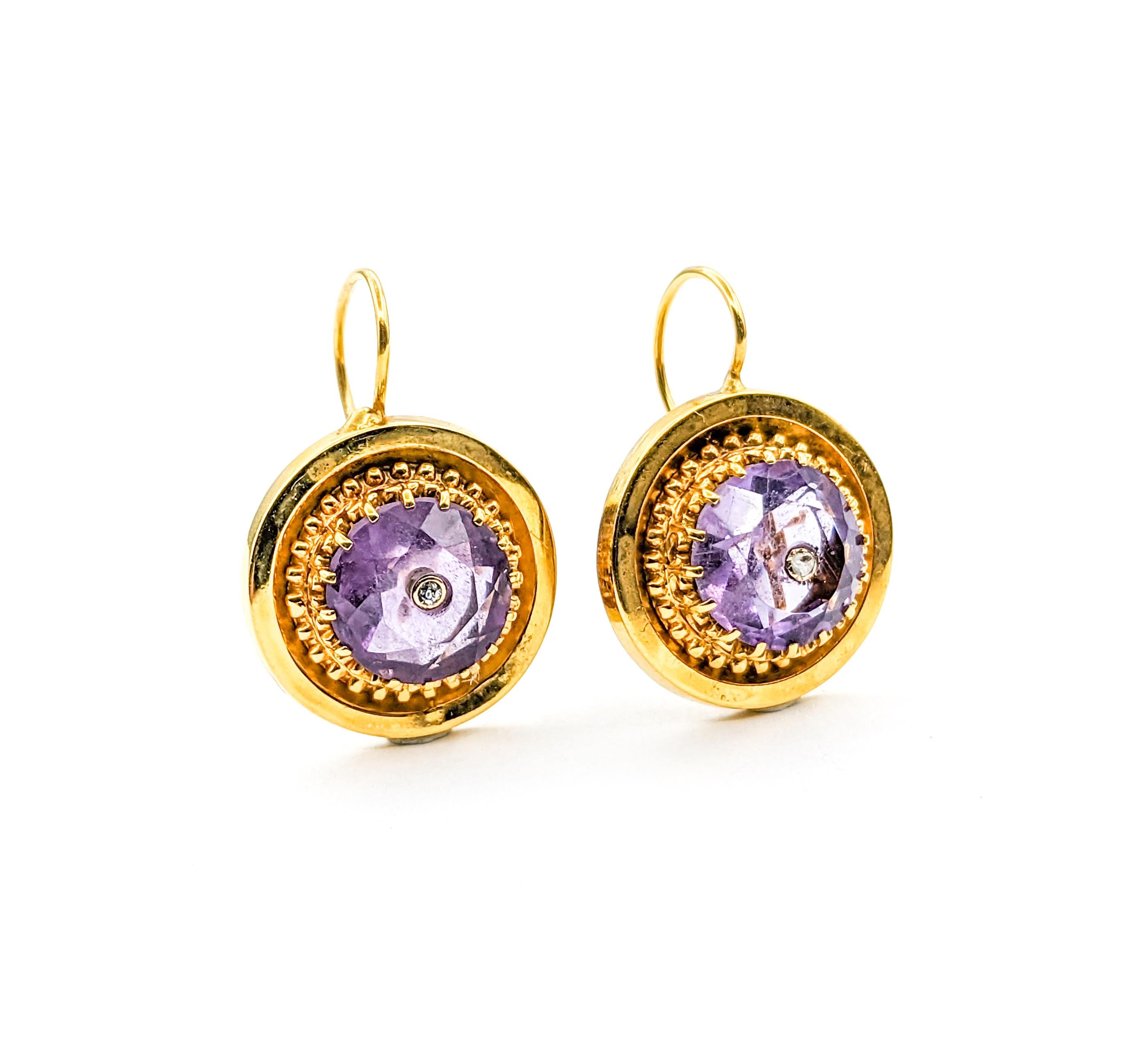 Romantic Diamond & Amethyst Drop Earrings in Yellow Gold For Sale 3