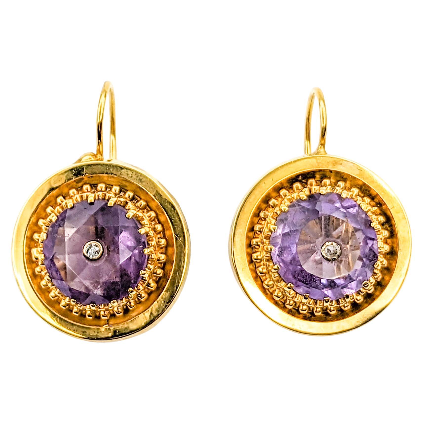 Romantic Diamond & Amethyst Drop Earrings in Yellow Gold