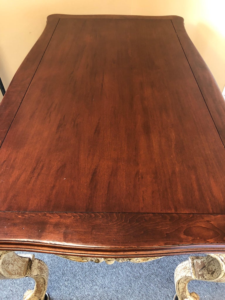 Romantic Distressed Carved and Painted Wood Desk with Rich Cherry Top
