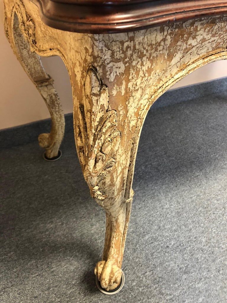 Romantic Distressed Carved and Painted Wood Desk with Rich Cherry Top