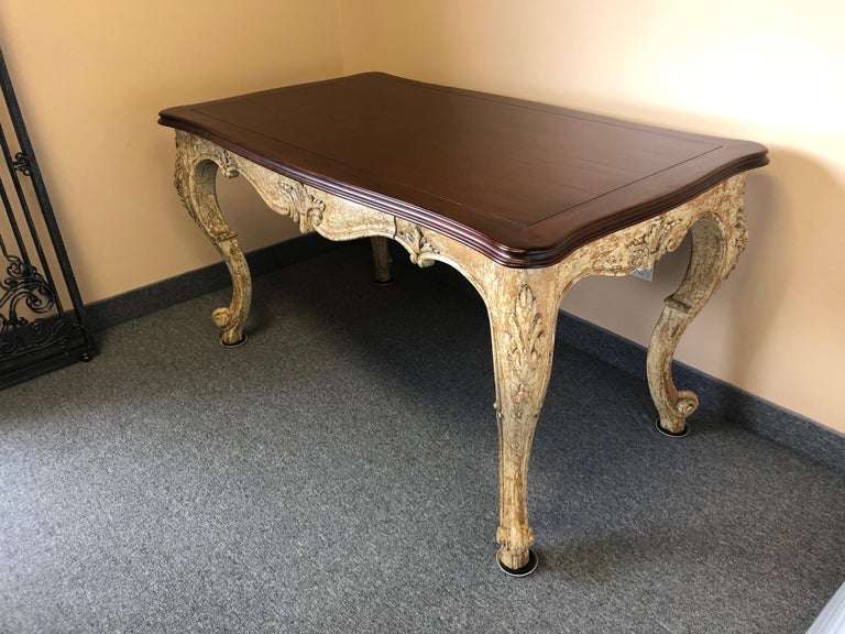 Romantic Distressed Carved And Painted Wood Desk With Rich Cherry