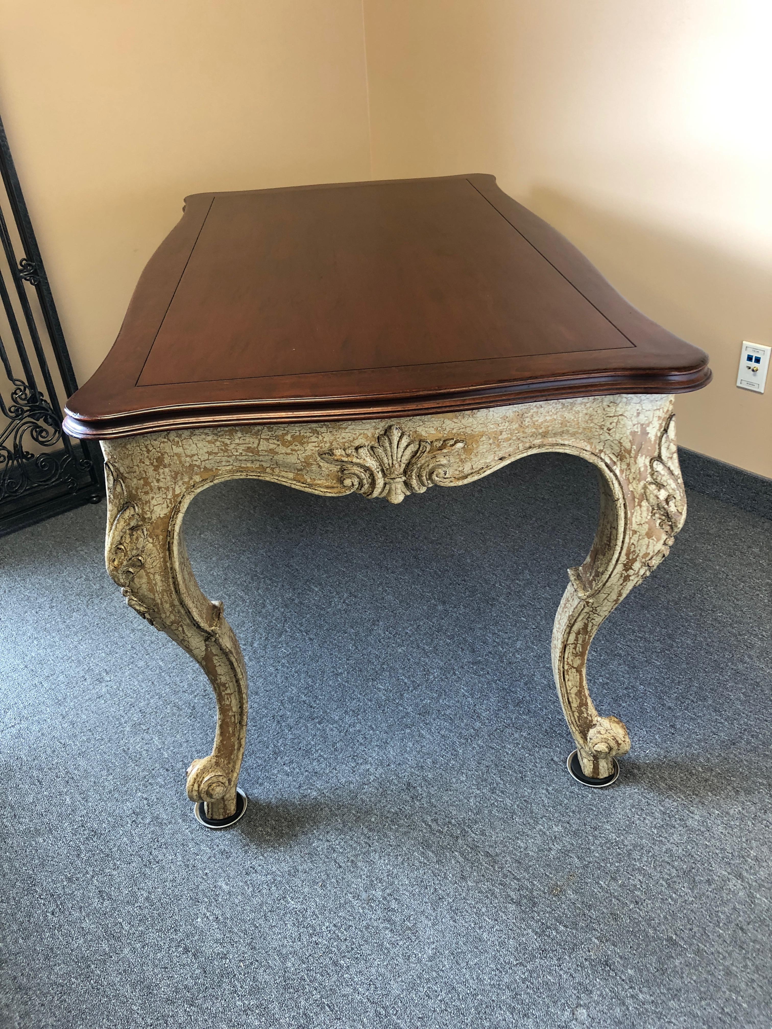 Late 20th Century Romantic Distressed Carved and Painted Wood Desk with Rich Cherry Top