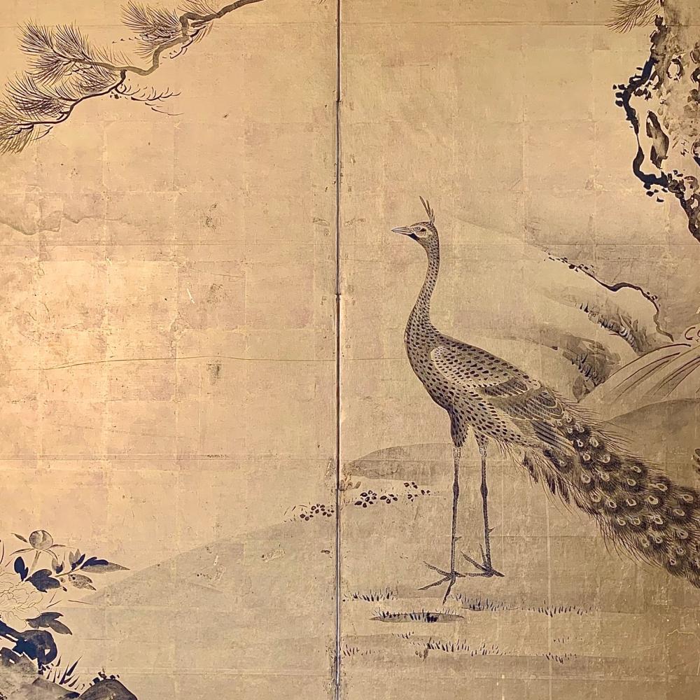 18th Century and Earlier Romantic Edo Peacock Screen For Sale