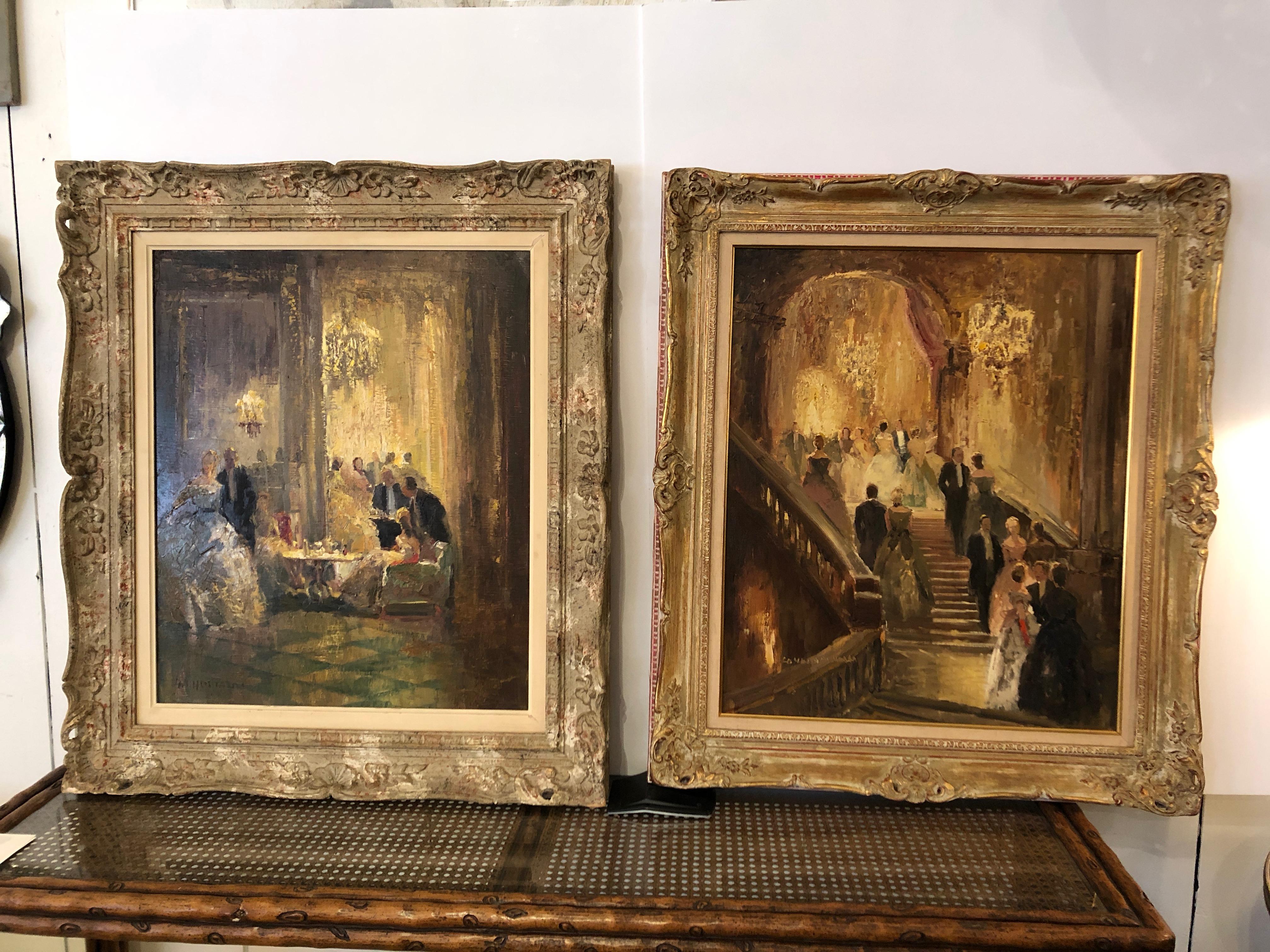 Wunderschön wiedergegebene Ölgemälde auf Leinwand von einem europäischen Künstler mit einem romantischen impressionistischen Malerstil einer großen Party in einem hinreißenden Ballsaal mit schwarzer Krawatte gekleideten High-Society-Gästen. Signiert