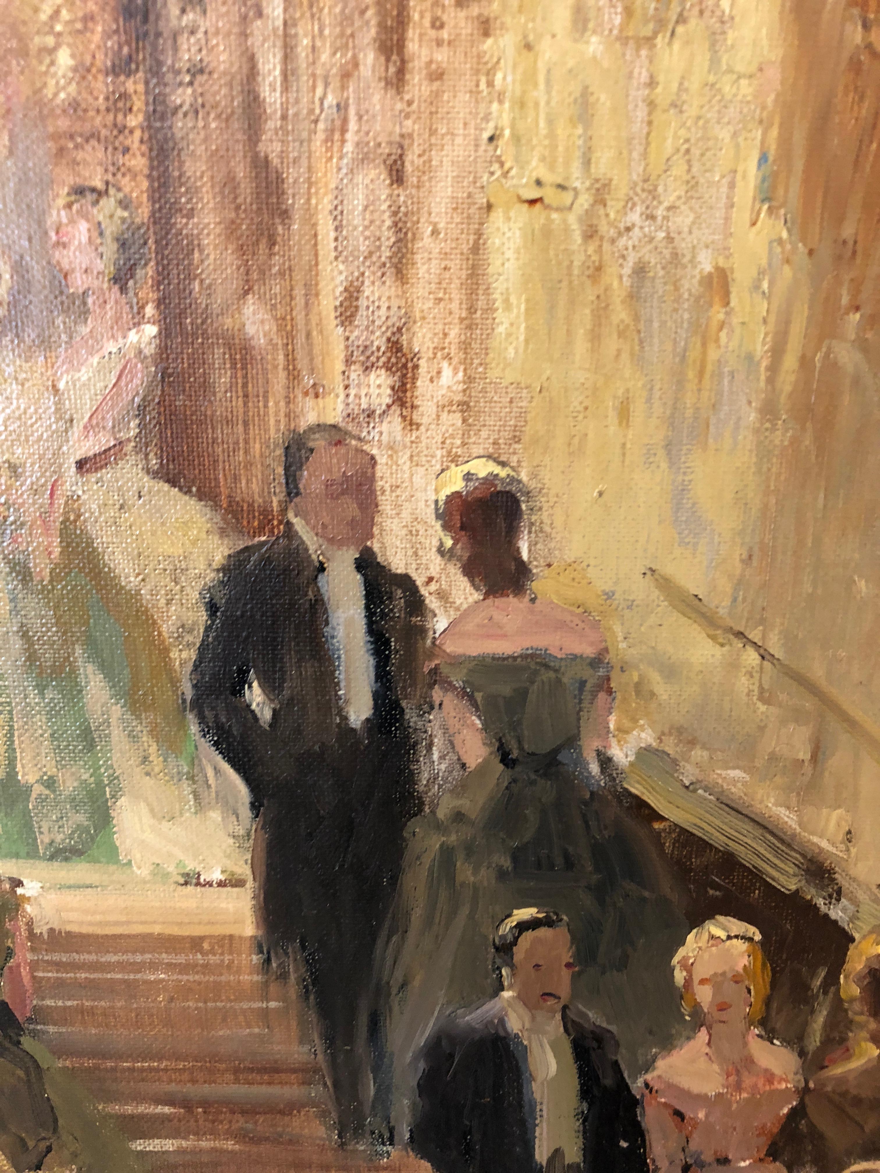 Paar romantische, elegante, impressionistische Ballraum-Interieurgemälde auf Leinwand im Zustand „Hervorragend“ in Hopewell, NJ
