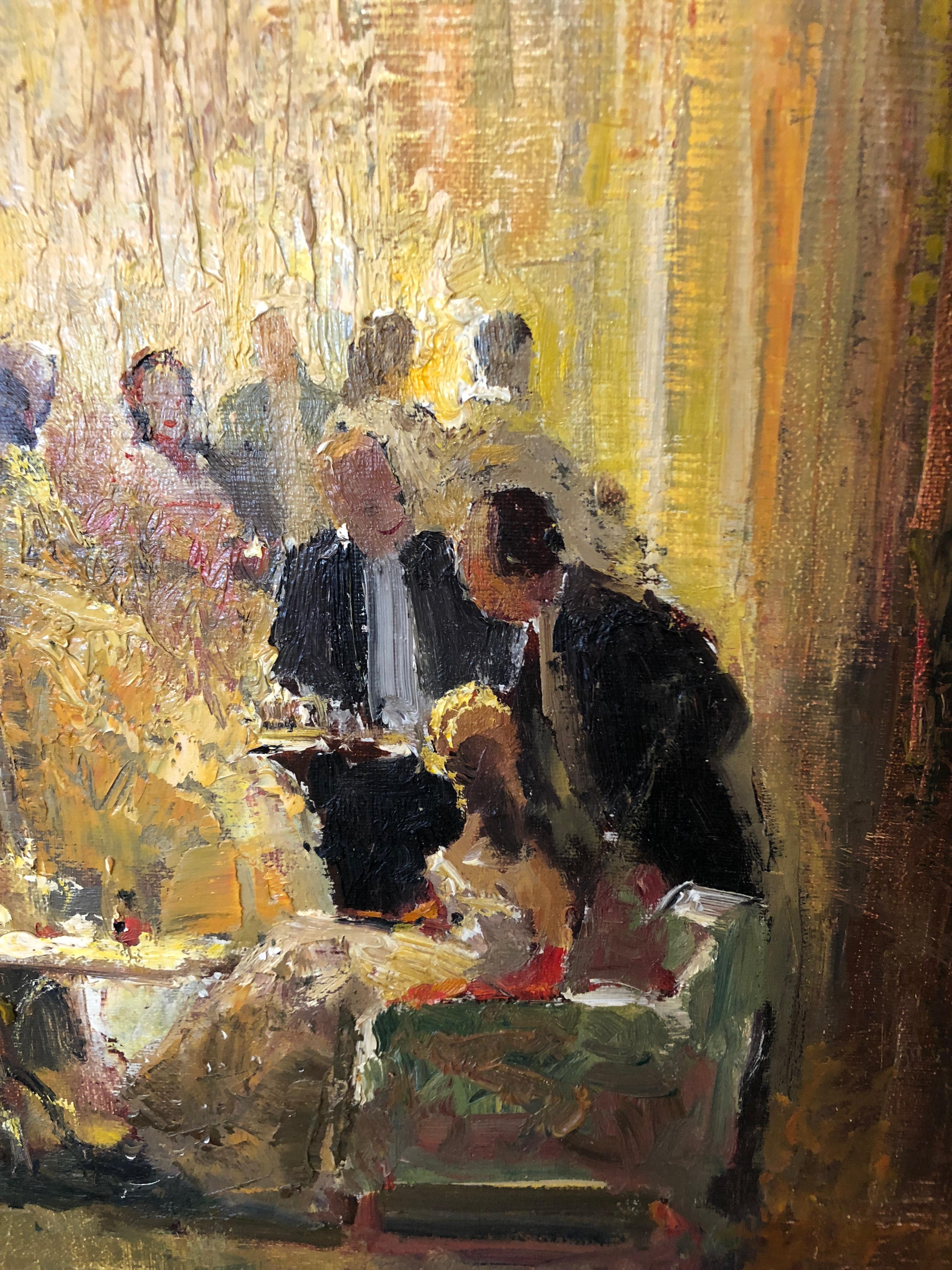 Paar romantische, elegante, impressionistische Ballraum-Interieurgemälde auf Leinwand (Mitte des 20. Jahrhunderts)