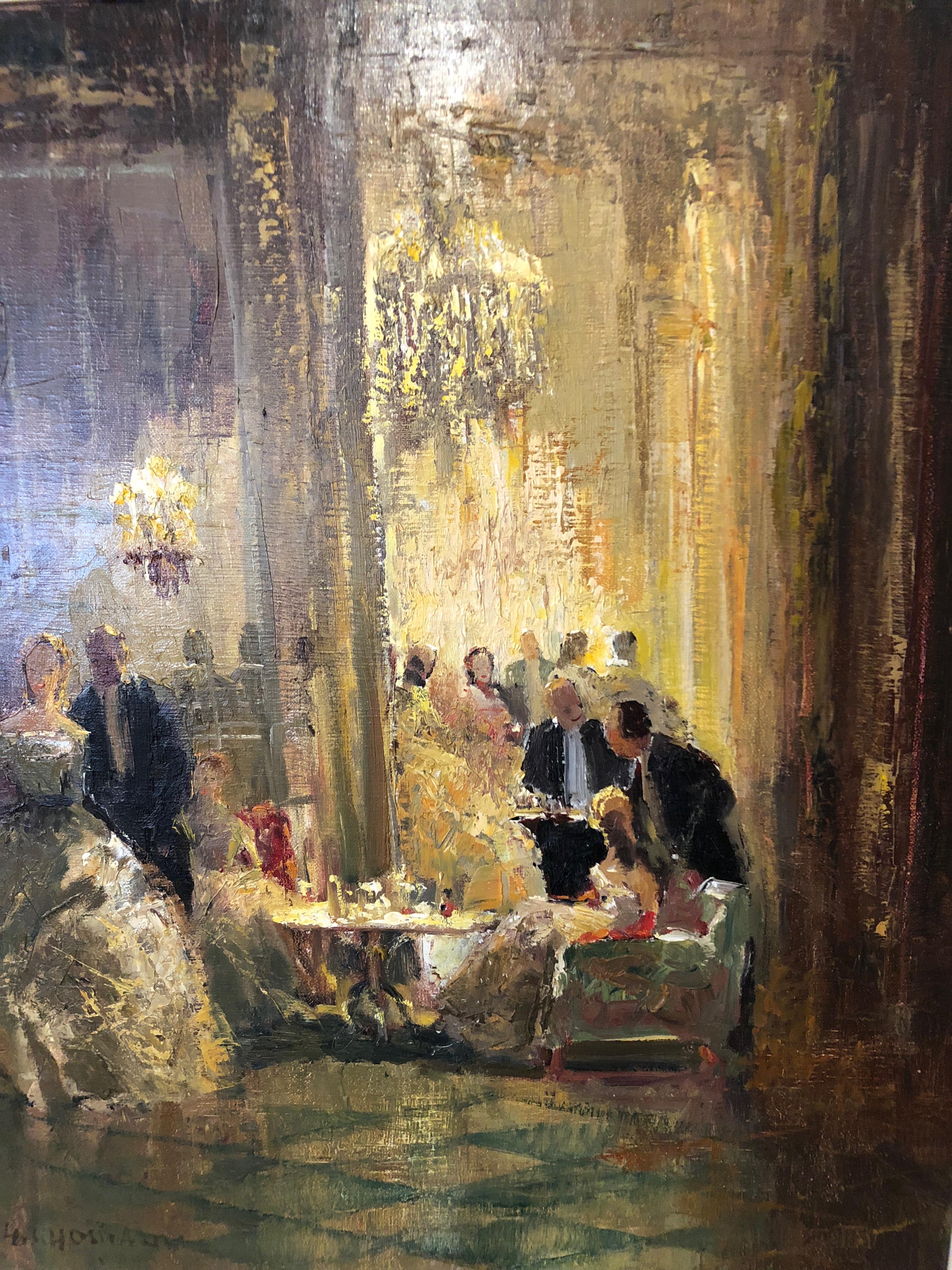 Paar romantische, elegante, impressionistische Ballraum-Interieurgemälde auf Leinwand 1