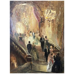 Paar romantische, elegante, impressionistische Ballraum-Interieurgemälde auf Leinwand