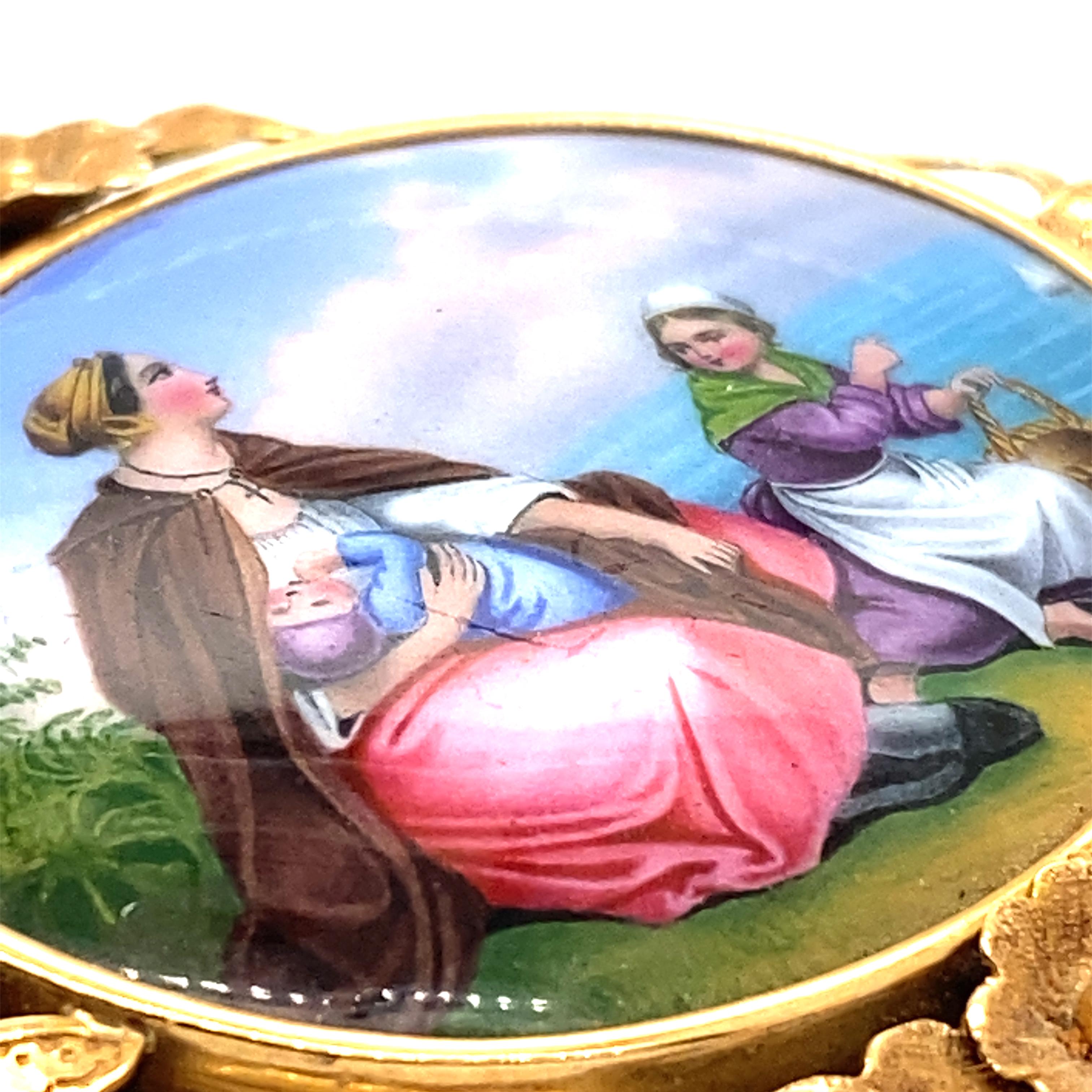 Romantic Enamel Brooch in 18 Karat Gold For Sale 7