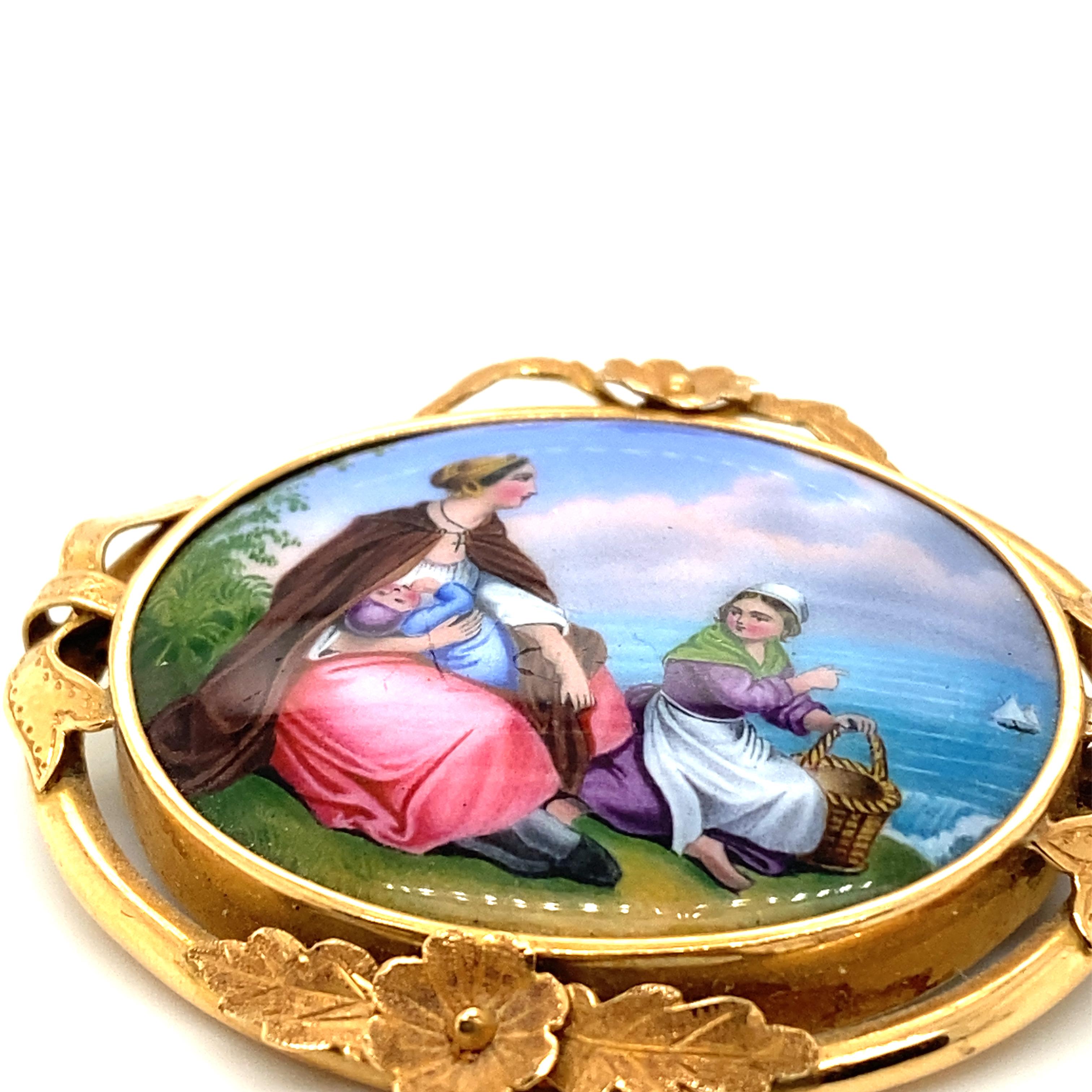 Romantic Enamel Brooch in 18 Karat Gold For Sale 8