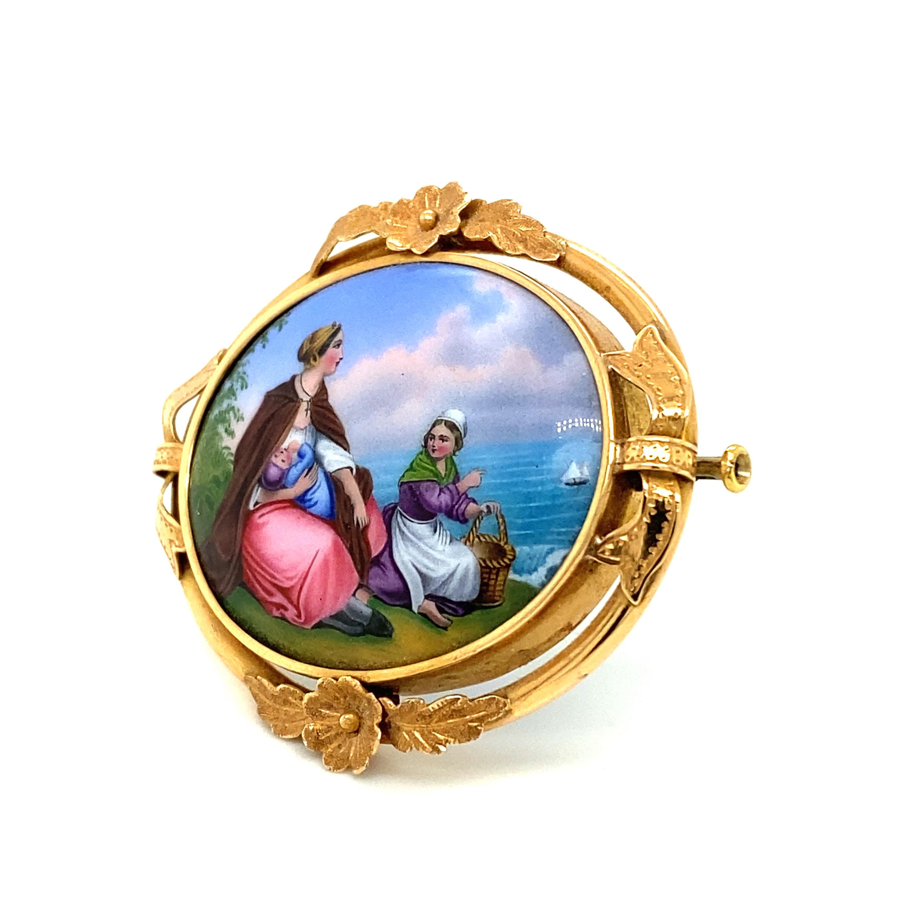 Victorian Romantic Enamel Brooch in 18 Karat Gold For Sale