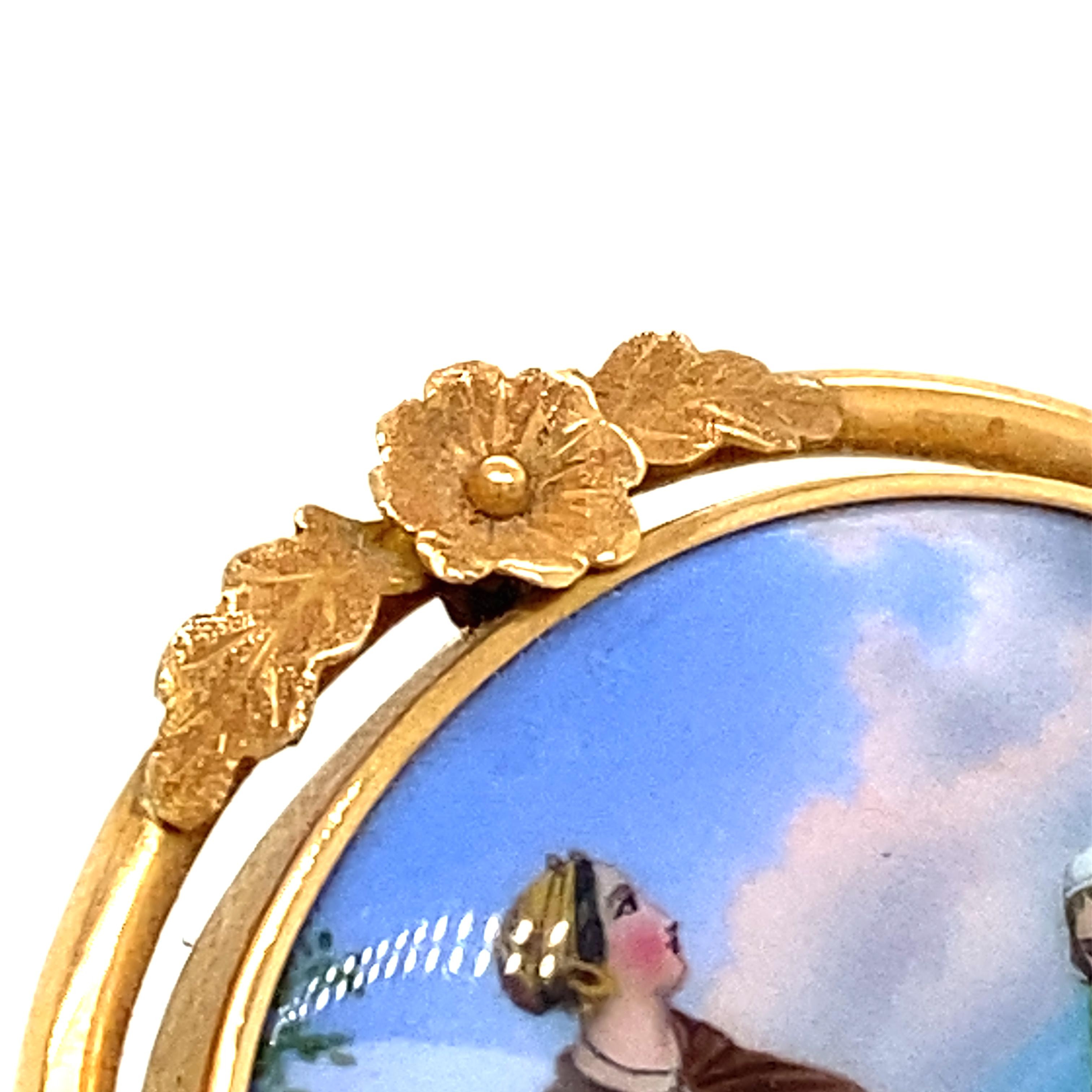 Romantic Enamel Brooch in 18 Karat Gold For Sale 2