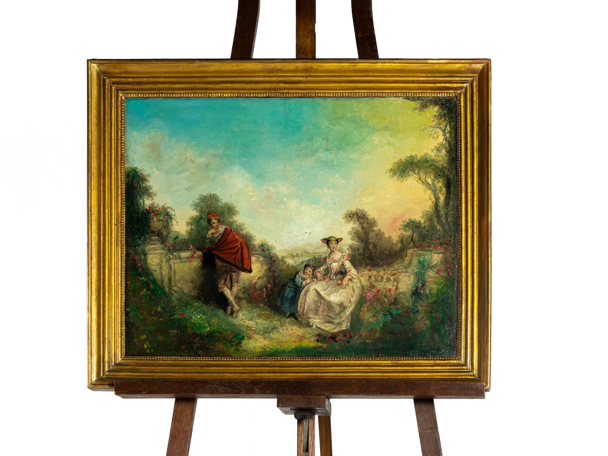 This 19th-century French painting captures a tender romantic scene, set within an idyllic countryside garden under a dreamy sky. 
Painted in oil on canvas with delicate brushwork and rich color, the composition reflects the Baroque Revival style,