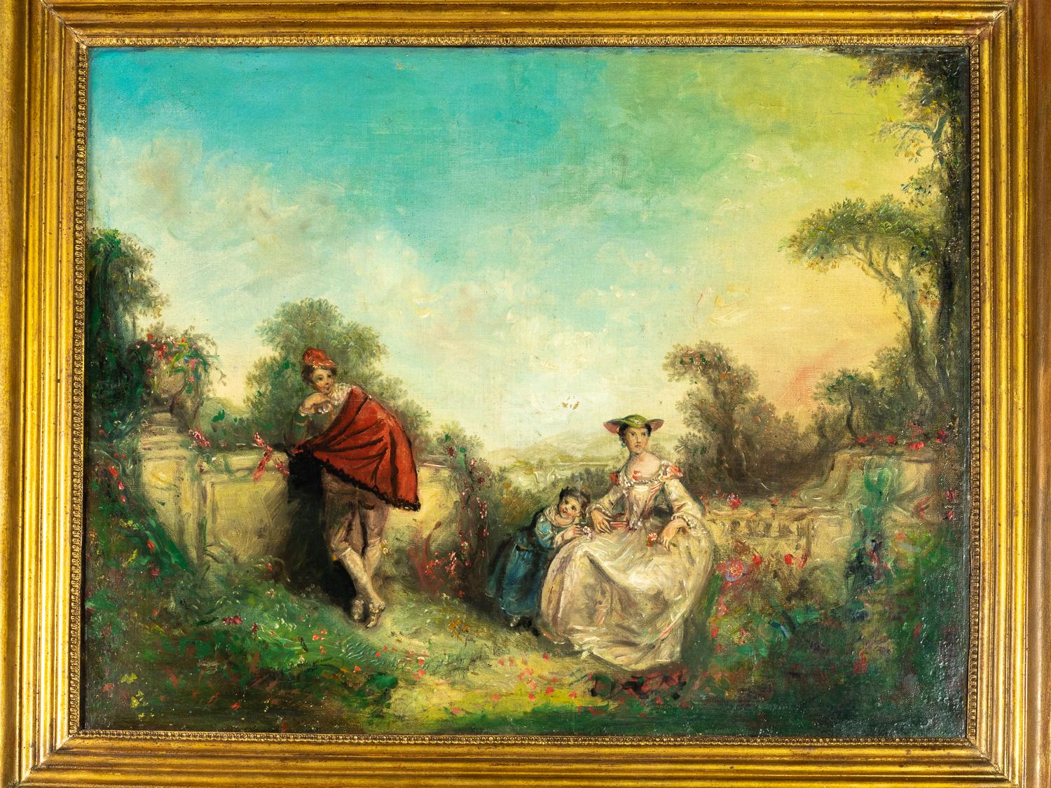 Romantisches Familiengemälde, gerahmt, 19. Jahrhundert (Neobarock) im Angebot