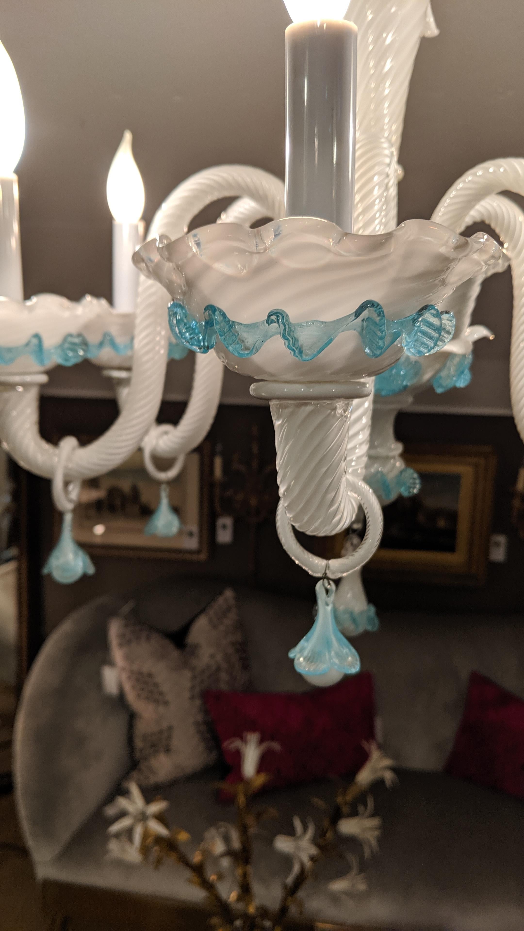 Romantic Fancy White and Aqua Murano Chandelier  In Excellent Condition In Hopewell, NJ