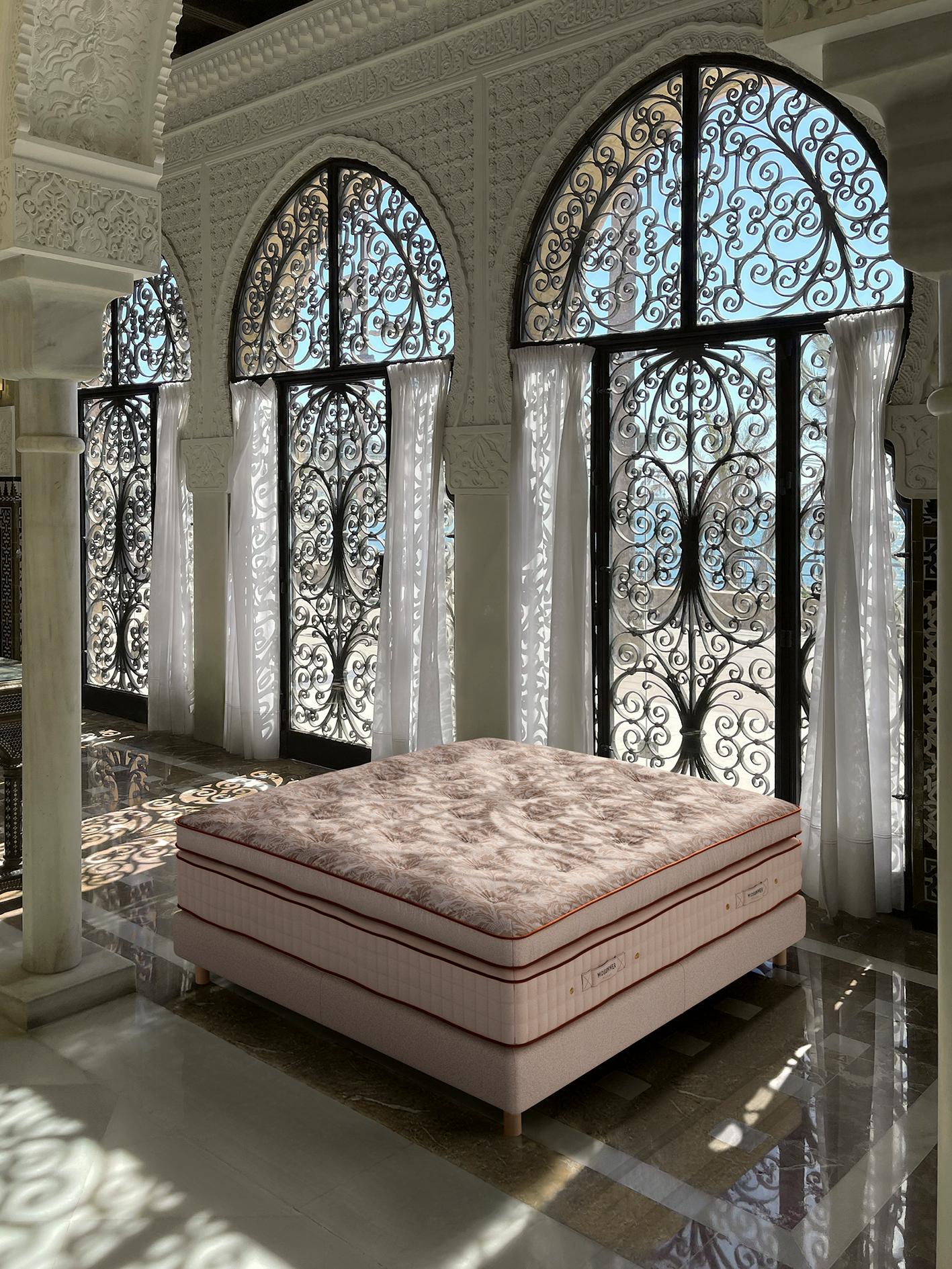 Flora is Midsummer’s most classic tribute to natural refinement. This complete bed system — topper, mattress, and boxspring — is crafted with the utmost attention to comfort and timeless design. The topper is upholstered in a delicate Loro