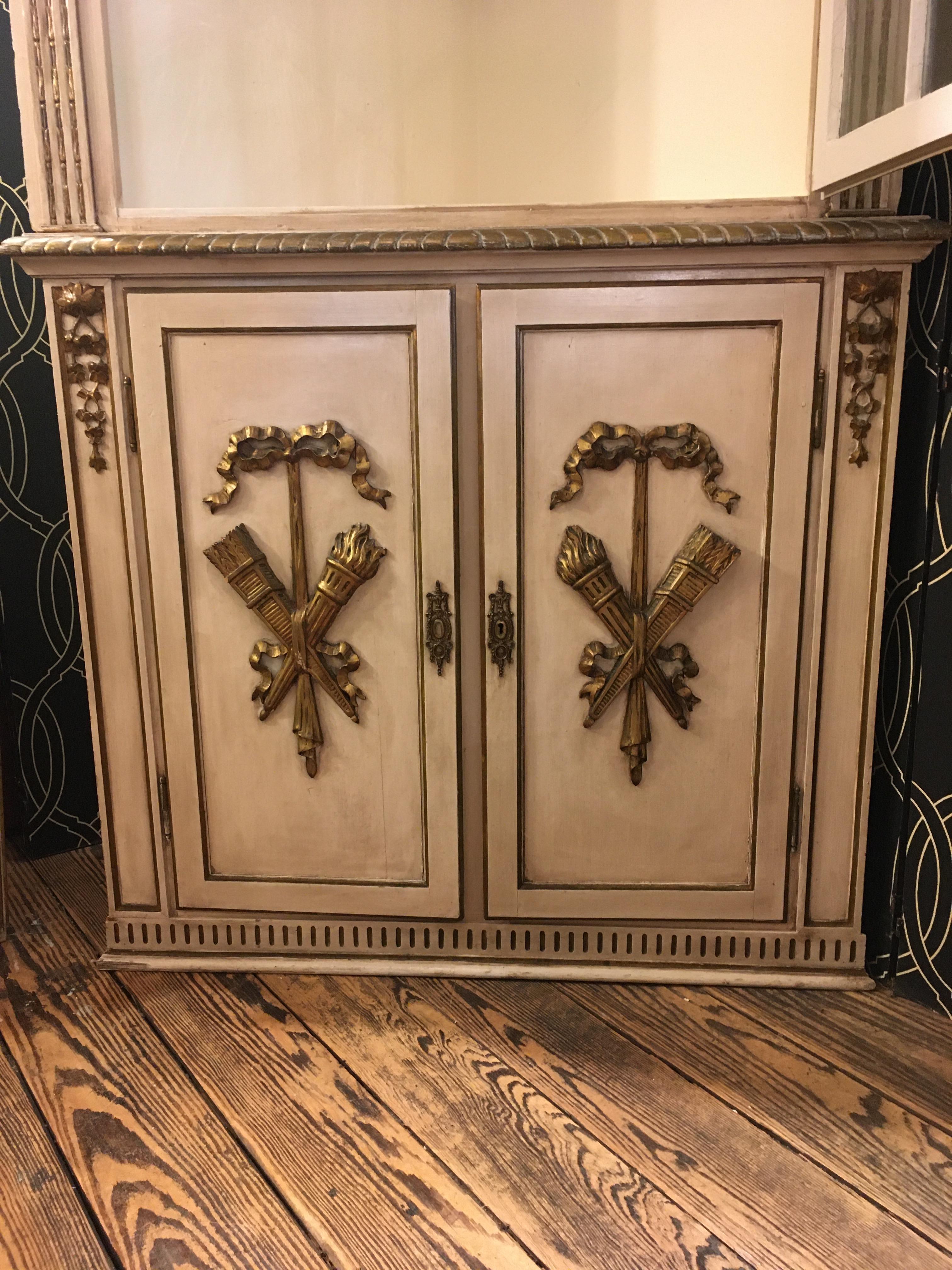 French Provincial Romantic French 19th Century Creamy White and Gold Corner Cabinet Cupboard