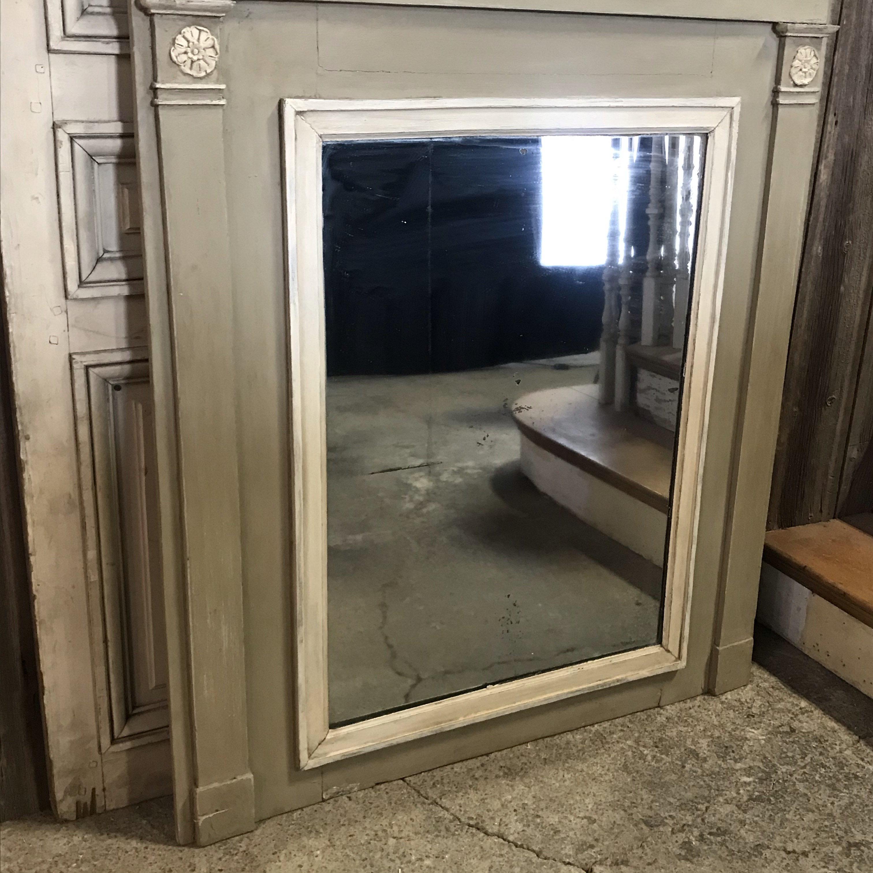 Romantic French Antique Trumeau Mirror in Gray and White 5