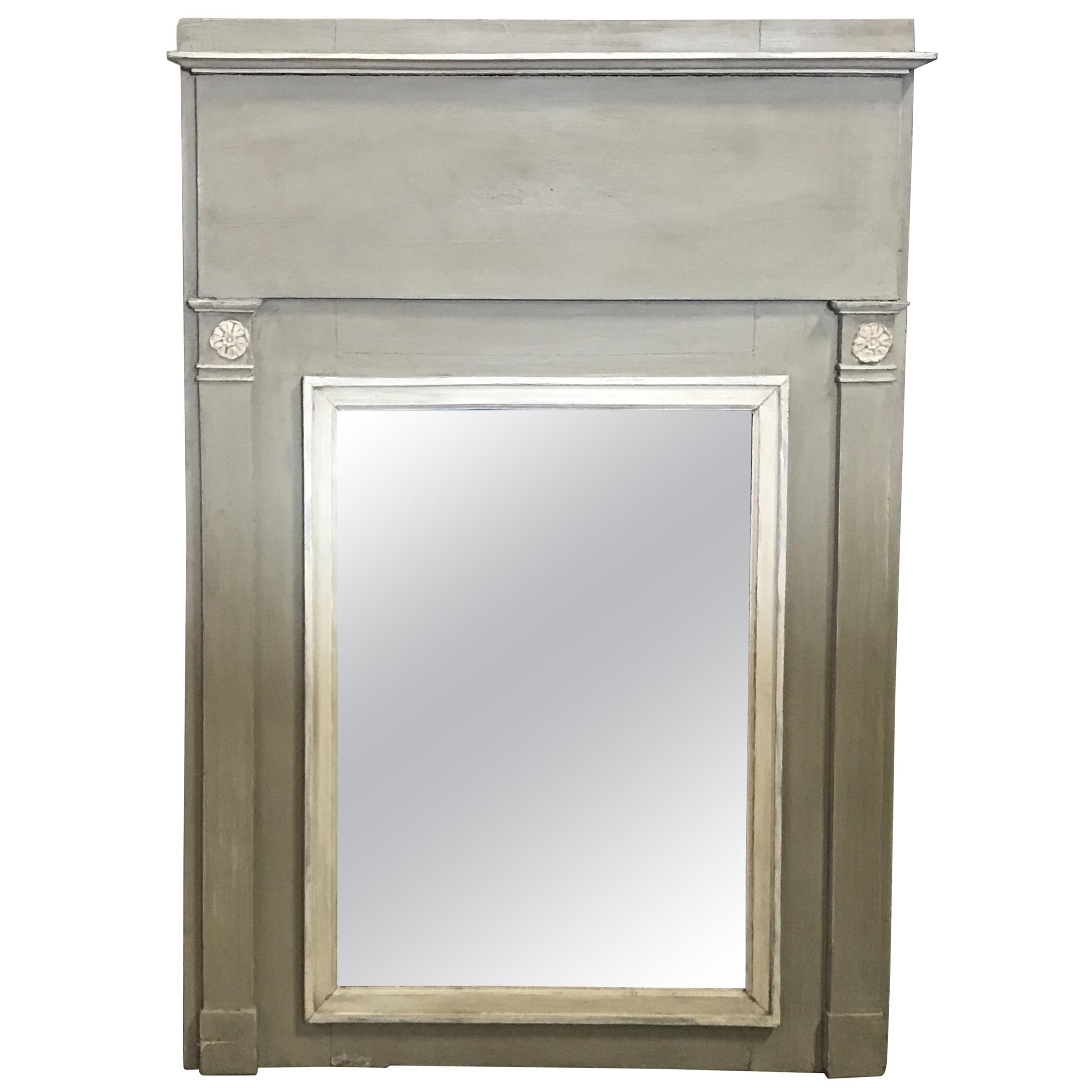 Romantic French Antique Trumeau Mirror in Gray and White