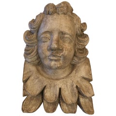 Romantic French Carved Wood Wall Sculpture of Cherub's Face